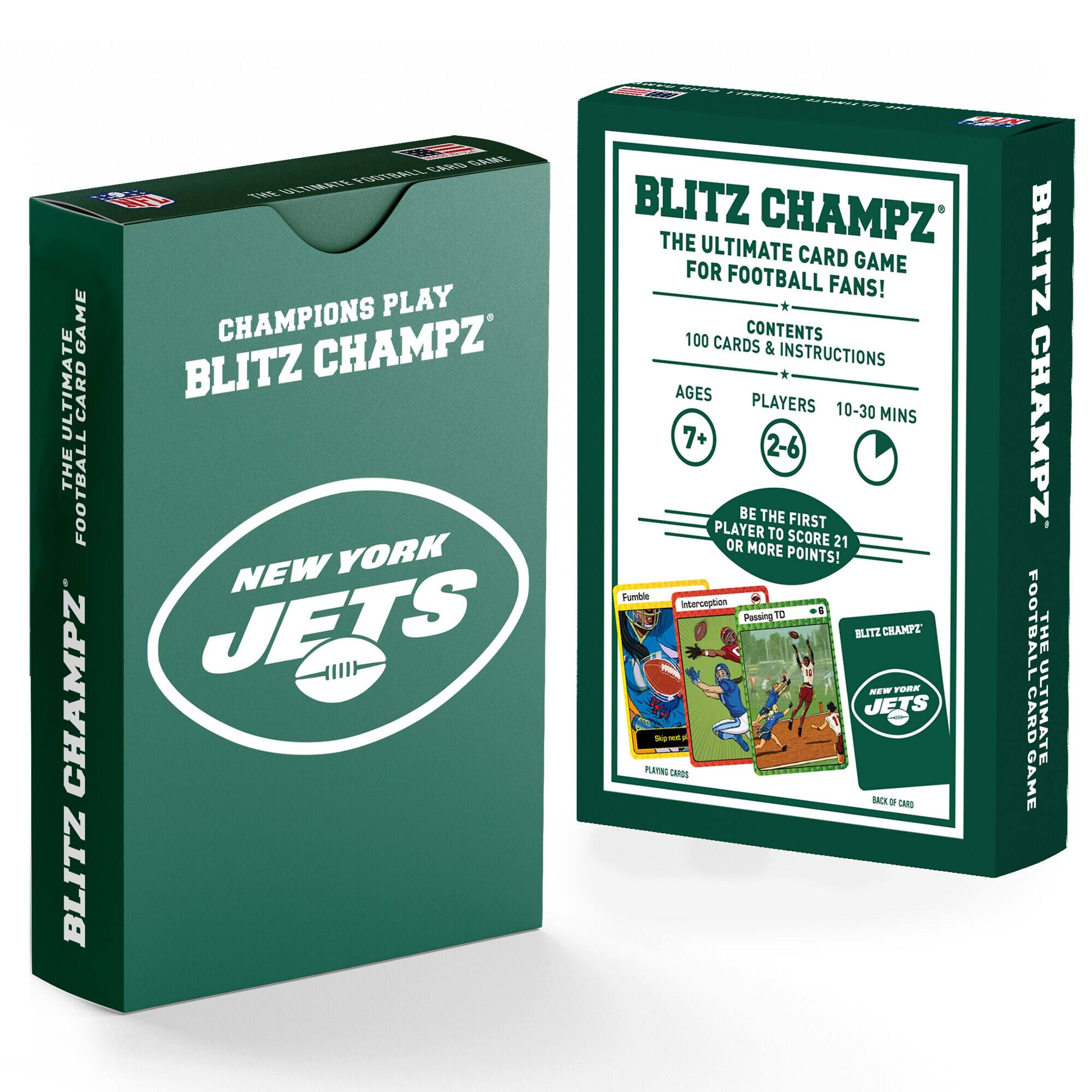 **Front of the Box:**

- **Top Left Corner:** NFL Logo
- **Main Text:** "CHAMPIONS PLAY BLITZ CHAMPZ"
- **Center:** "NEW YORK JETS" with the team logo
- **Bottom Left:** "BLITZ CHAMPZ"
- **Bottom Right:** "THE ULTIMATE CARD GAME FOR FOOTBALL FANS!"

**Side of the Box:**

- **Top Left Corner:** NFL Logo
- **Main Text:** "BLITZ CHAMPZ"
- **Below Main Text:** "THE ULTIMATE CARD GAME FOR FOOTBALL FANS!"
- **Contents:** "100 CARDS & INSTRUCTIONS"
- **Ages:** "7+"
- **Players:** "2-6"
- **Play Time:** "10-30 MINS"
- **Objective:** "BE THE FIRST PLAYER TO SCORE OR 21 MORE POINTS!"
- **Illustrations:** "Fumble," "Interception," "Passing TD"
- **Bottom Right:** "PLAYING CARDS" and "BACK OF CARDS" with images of the cards

**Back of the Box:**

- **Top Left Corner:** NFL Logo
- **Main Text:** "BLITZ CHAMPZ"
- **Below Main Text:** "THE ULTIMATE CARD GAME FOR FOOTBALL FANS!"
- **Contents:** "100 CARDS & INSTRUCTIONS"
- **Ages:** "7+"
- **Players:** "2-6"
- **Play Time:** "10-30 MINS"
- **Objective:** "BE THE FIRST PLAYER TO SCORE OR 21 MORE POINTS!"
- **Illustrations:** "Fumble," "Interception," "Passing TD"
- **Bottom Right:** "PLAYING CARDS" and "BACK OF CARDS" with images of the cards