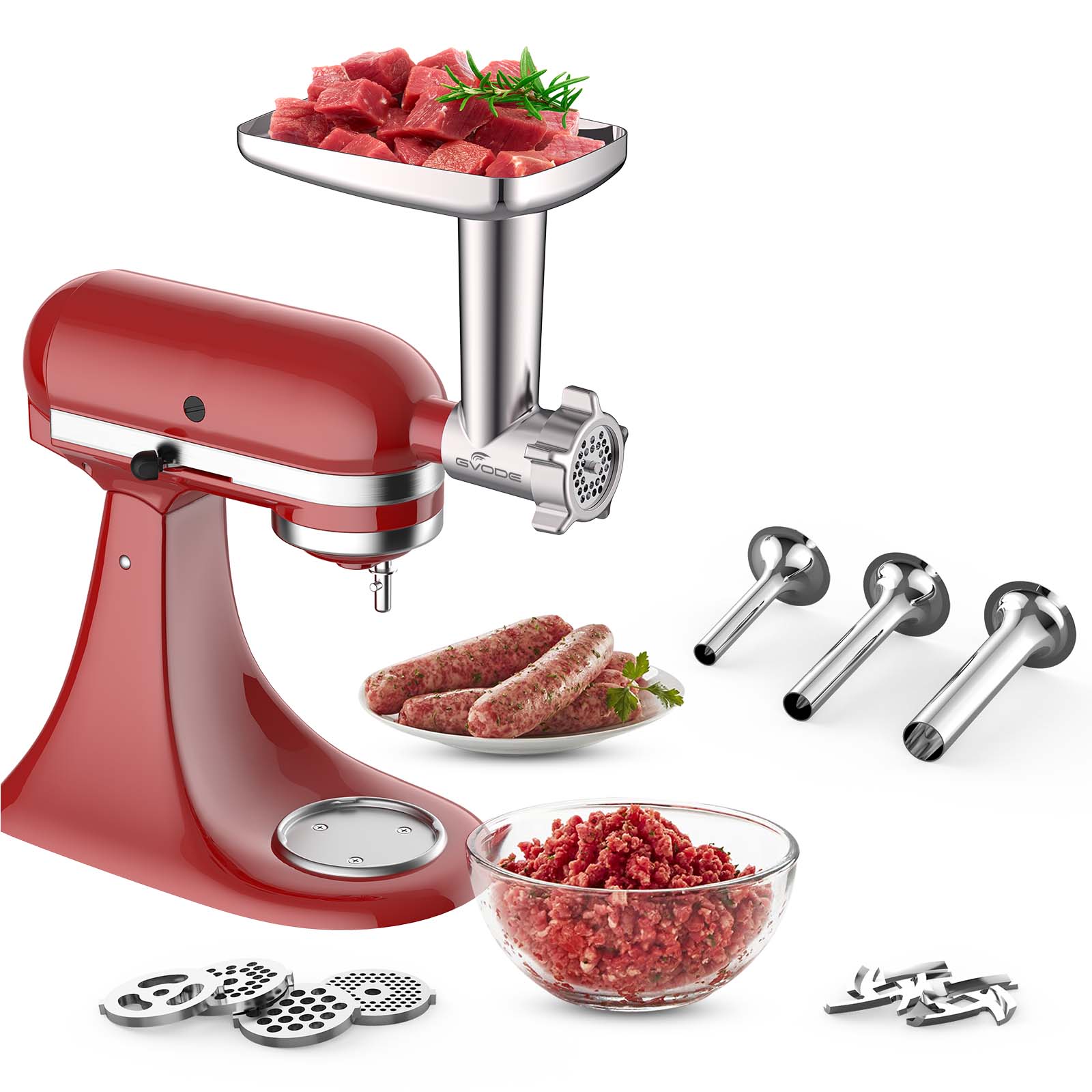 Alt View 1. Gvode - Gvode Meat Grinder Kitchen Attachment for Stand Mixer with 4 Plates, 3 Sausage Tubes & 2 Blades - Silver.