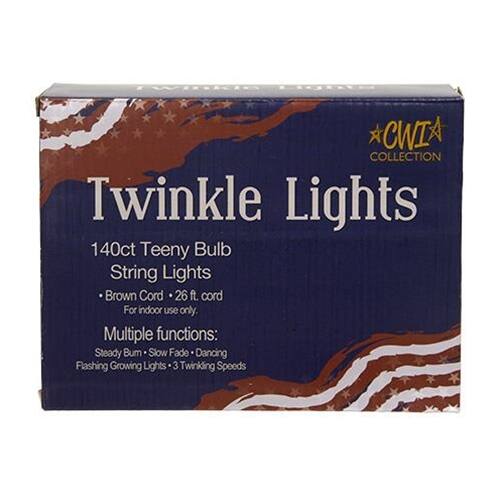CWI COLLECTION  
Twinkle Lights  
140ct Teeny Bulb String Lights  
Brown Cord - 26 ft. cord  
For indoor use only.  

Multiple functions:  
Steady Bum - Slow Fade - Dancing - Flashing - Growing Lights - 3 Twinkling Speeds