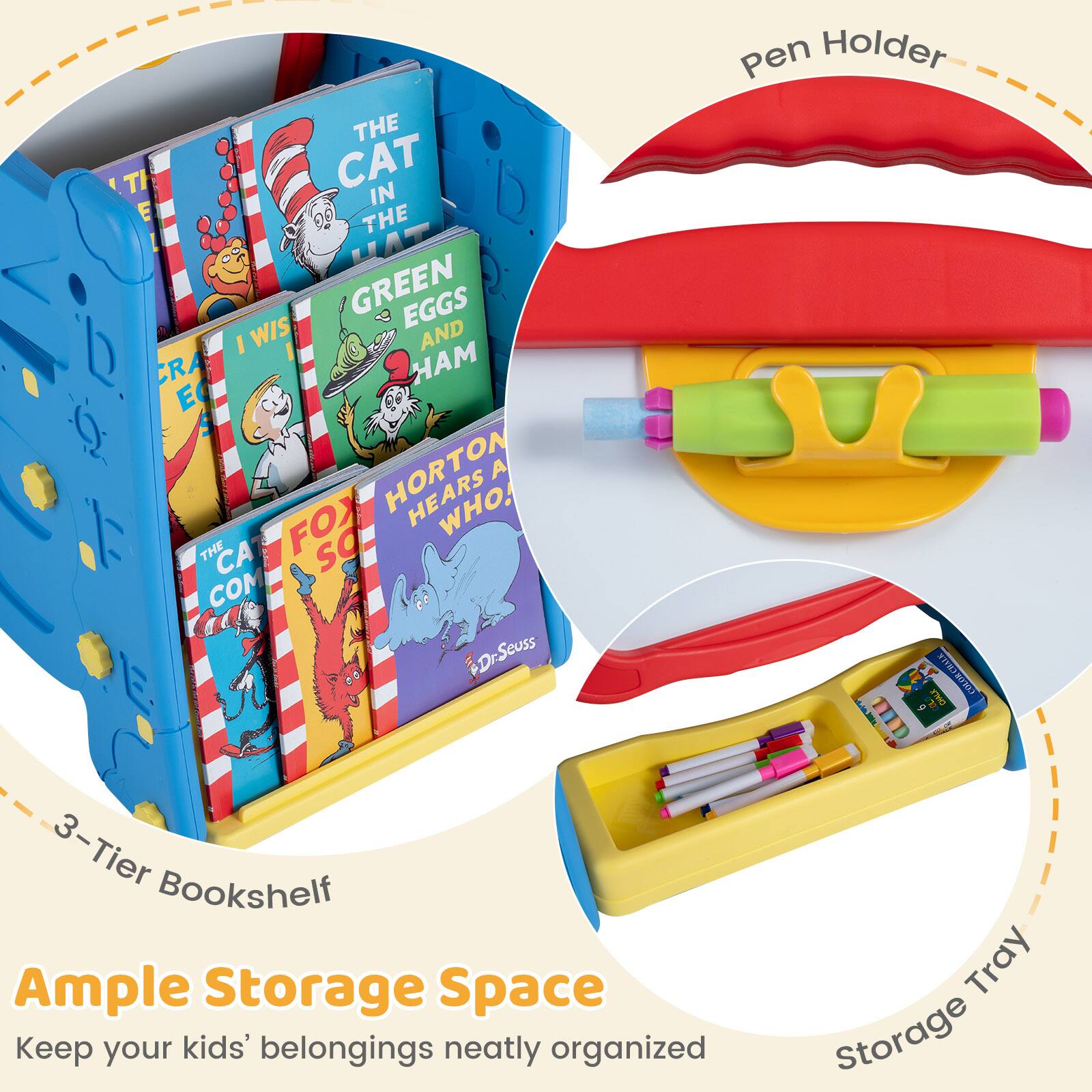 THE CAT IN THE HAT  
GREEN EGGS AND HAM  
I WISH I WAS A HORTON  
A FOX HEARS WHO  
THE CAT IN THE HAT COMES BACK  

Dr. Seuss Pen Holder  
3-Tier Bookshelf  
Ample Storage Space  
Keep your kids' belongings neatly organized  
Tray Storage