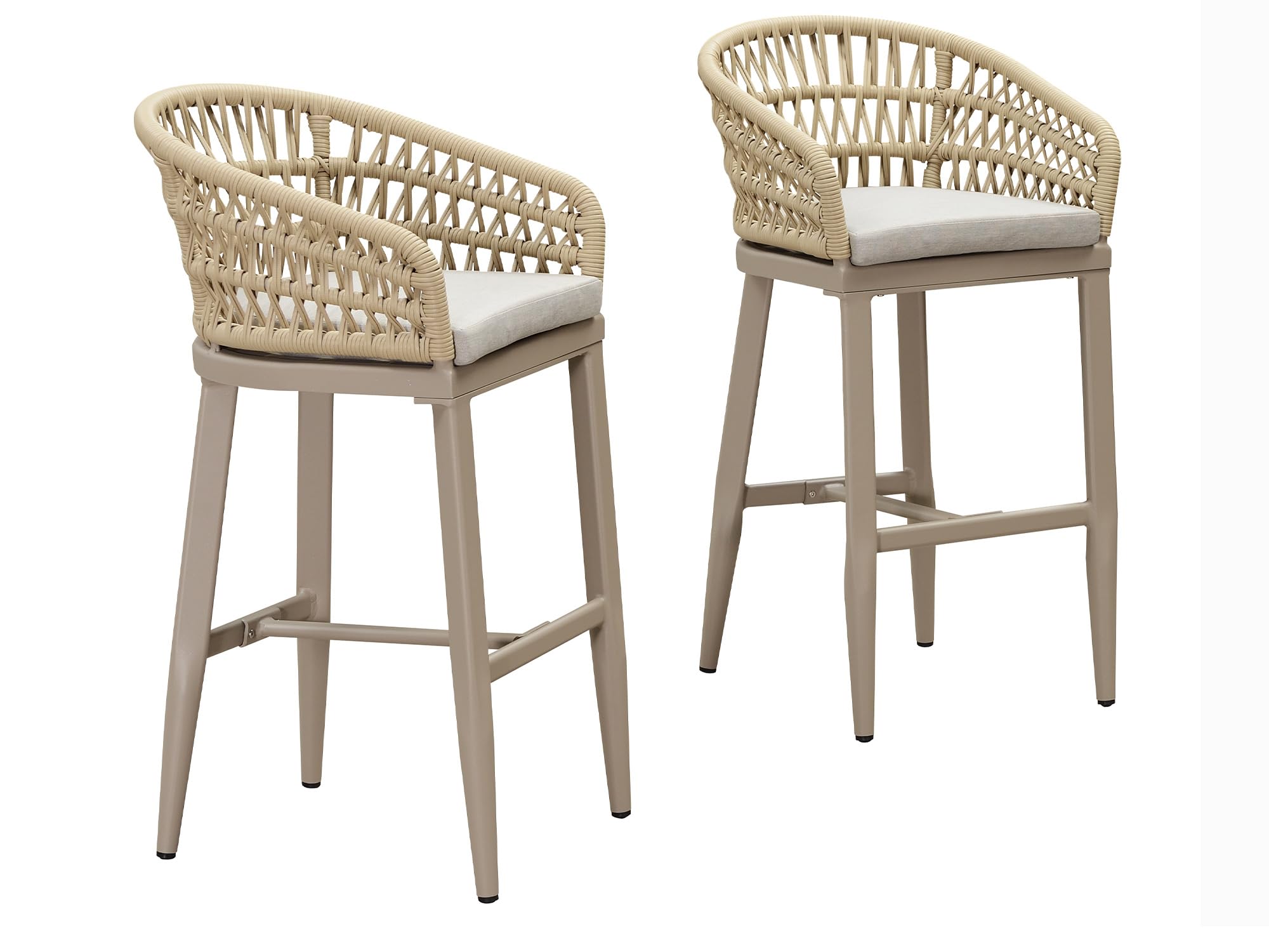 PURPLE LEAF - Outdoor Counter/Bar Height StoolsRattan Wicker Bar Chairs Woven Aluminum Barstools Set of 2 with Back and Cushions - Champagne-Bar Stool