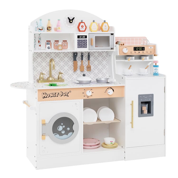 SlickBlue - Kids Play Kitchen Wooden Set with Coffee Maker and Pretend Accessories - White