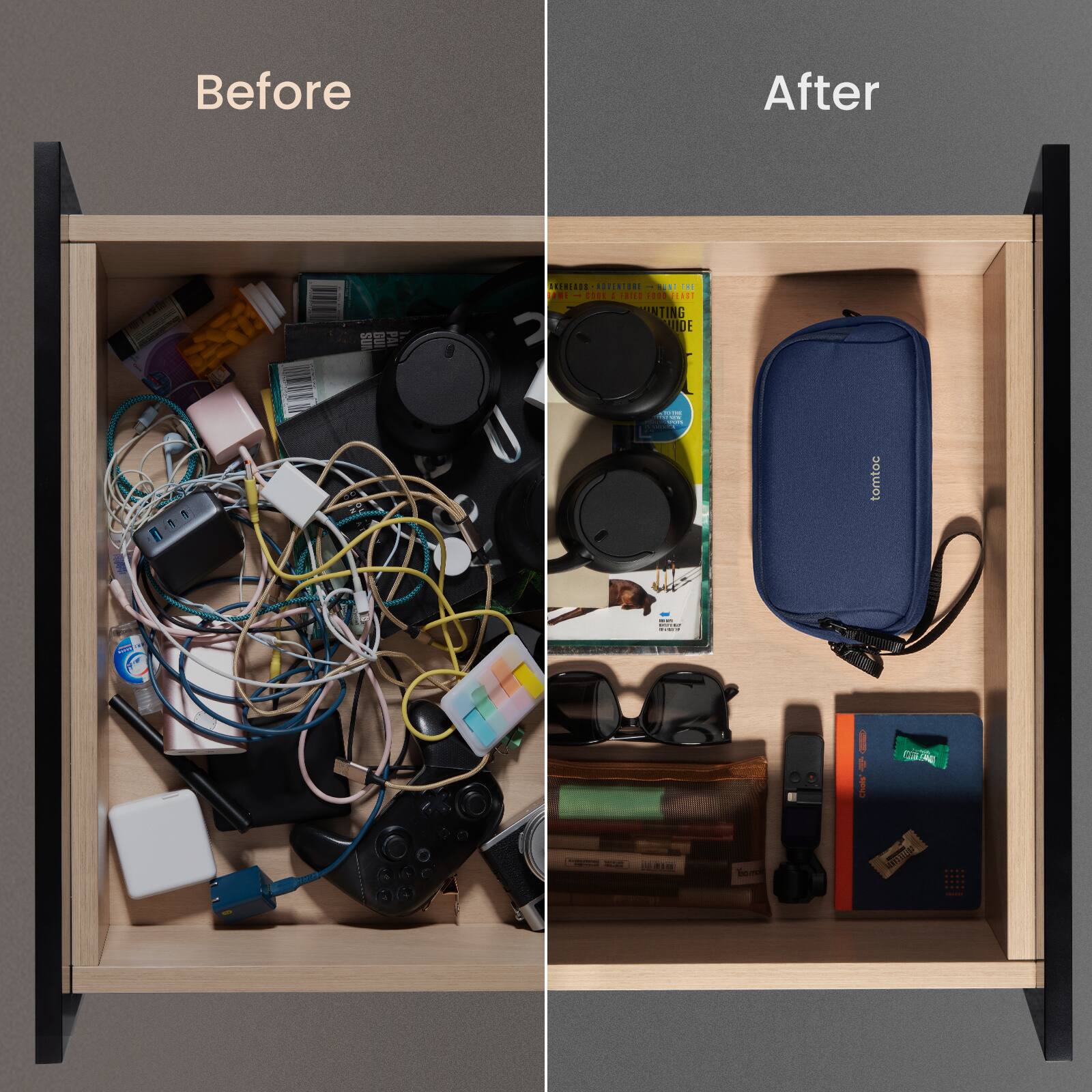 Before: A messy drawer with various items such as books, electronics, and a handbag.
After: A neatly organized drawer with a handbag, books, and electronics.