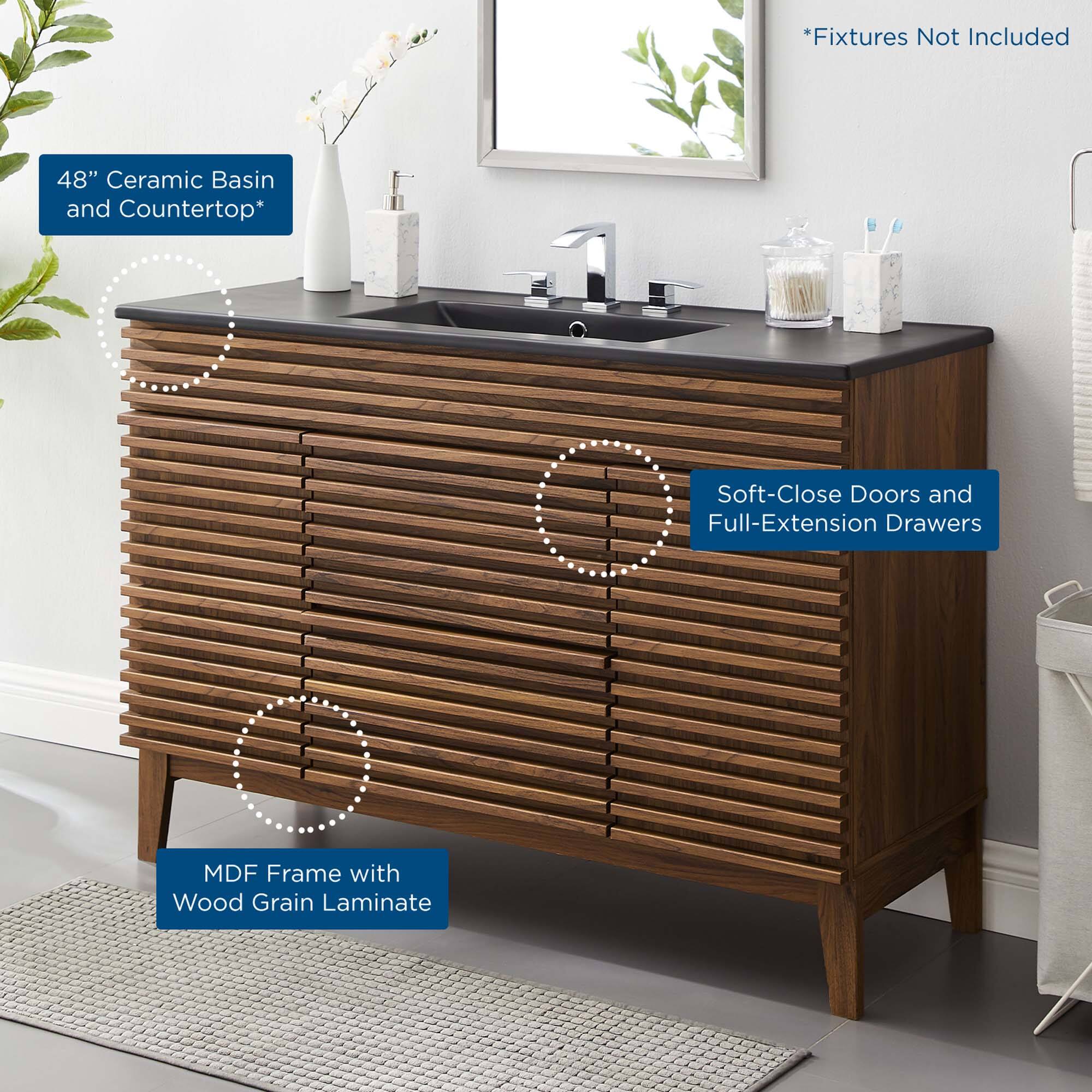 *Fixtures Not Included  
48" Ceramic Basin and Countertop*  
Soft-Close Doors and Full-Extension Drawers  
MDF Frame with Wood Grain Laminate