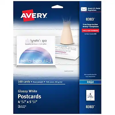 AVERY
Meets U.S. Postal Regulations
8383
Free Easy-to-Use Avery Templates
avery.com/templates
lynette's spa
beautiful designs begin within
hello beautiful
100 cards • Heavyweight • 74lb cover, 201 g/m²
Glossy White Postcards
4 1/4" x 5 1/2"
4 sheet
Inkjet
Made in U.S.A.
Avery Corporation
8383