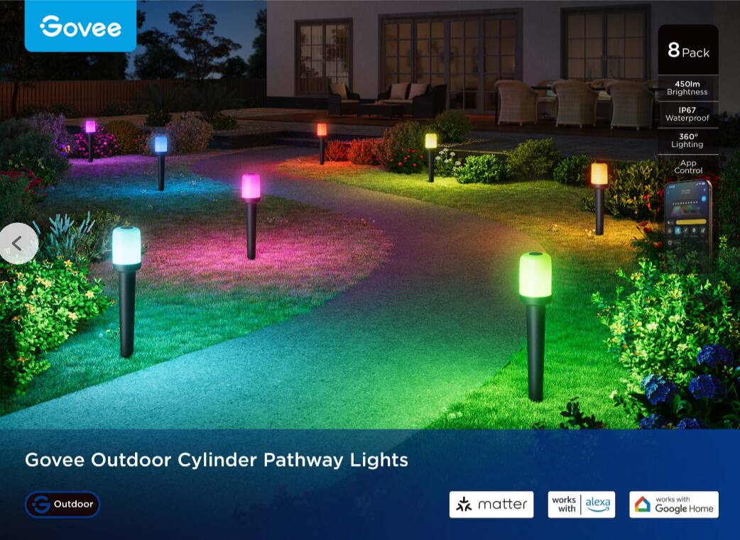 Govee 8 Pack 450lm Brightness IP67 Waterproof 360° Lighting App Control - Govee Outdoor Cylinder Pathway Lights

- Works with Google Home
- Works with Alexa
- Works with Matter