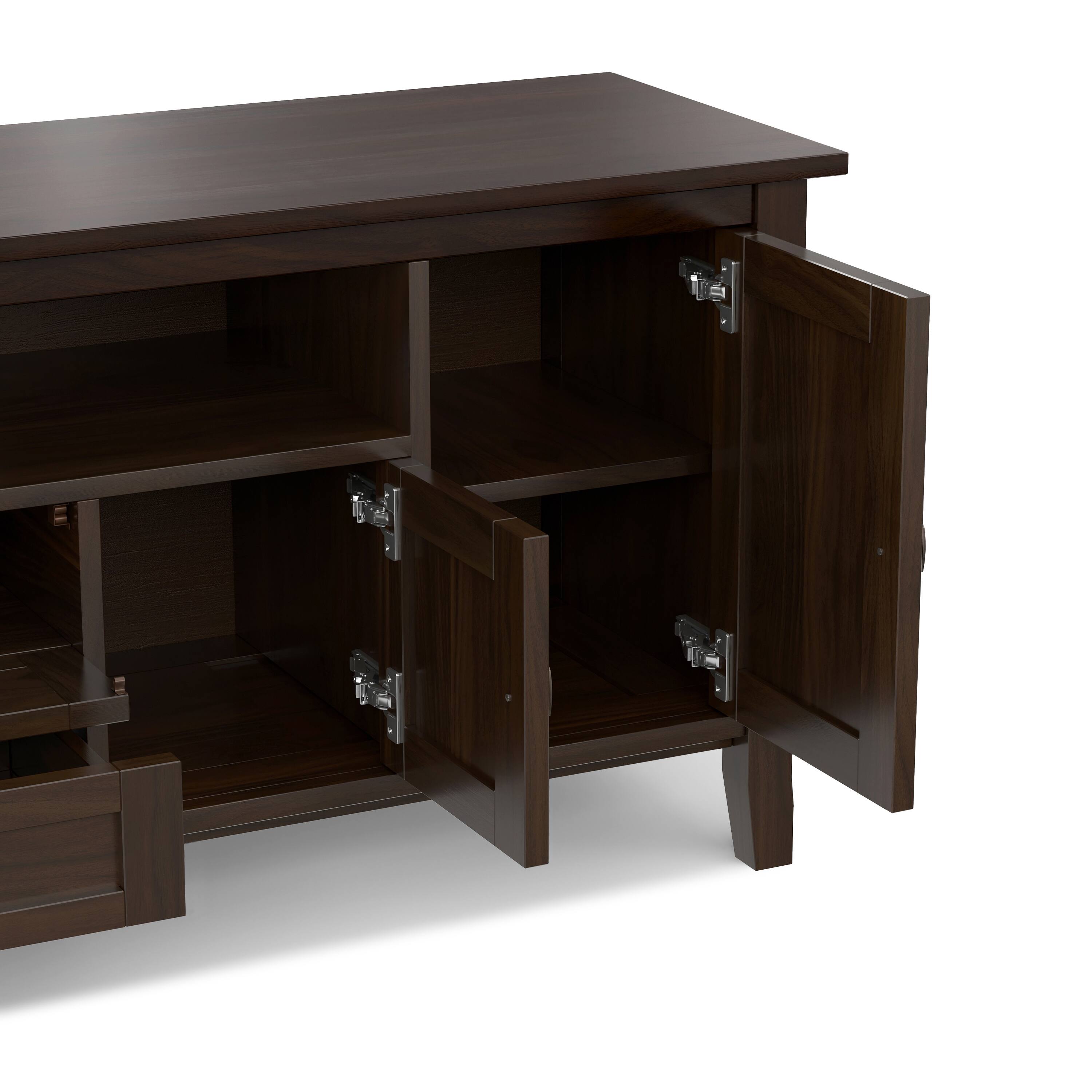 Alt View 4. Simpli Home - Warm Shaker 72W Low TV Stand with Drawers, Doors and Cubbies - Tobacco Brown.