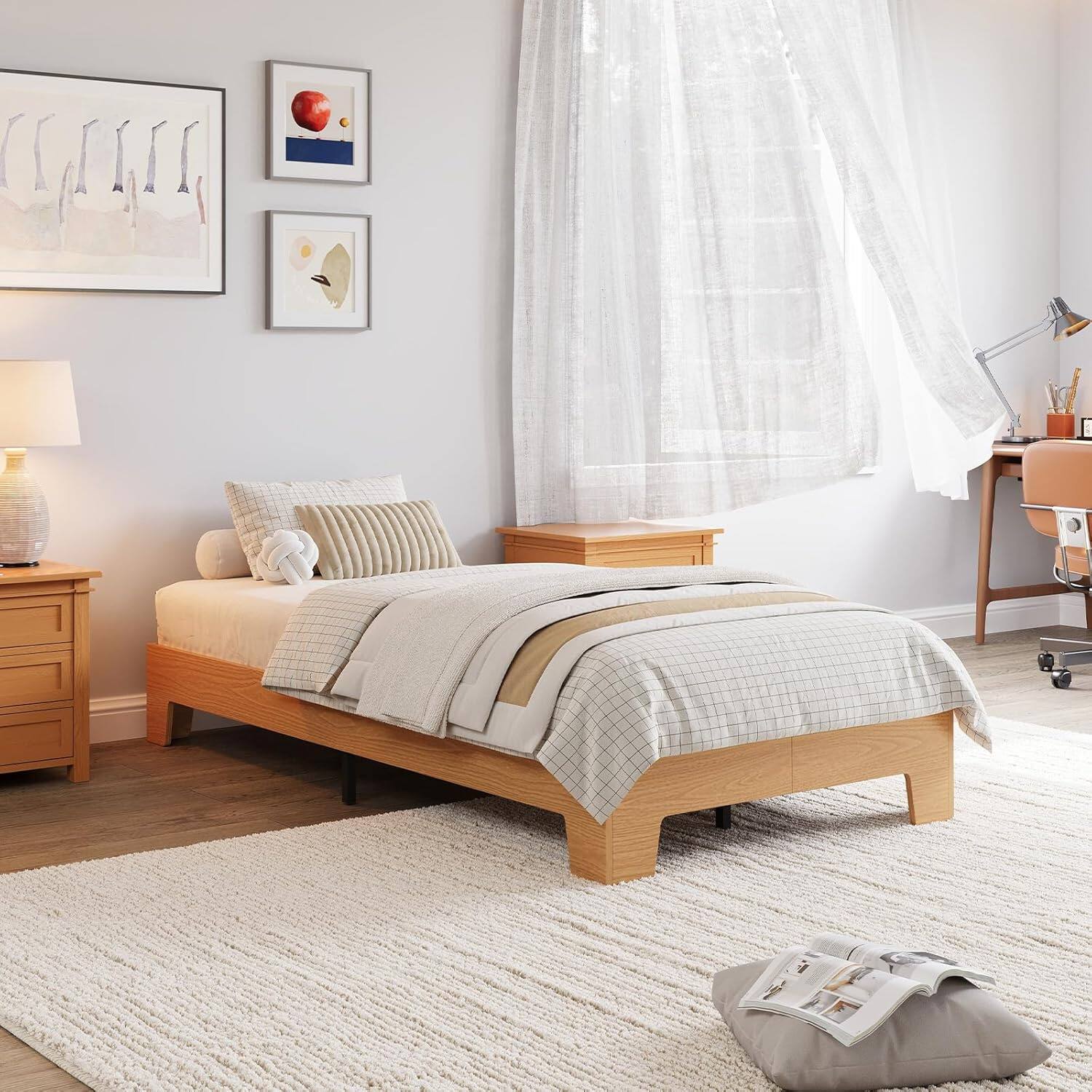 Alt View 3. GARVEE - Twin Platform Bed Frame, Solid Wood & Metal Slat Support, 10.24" Underbed Storage, Pine - Pine.