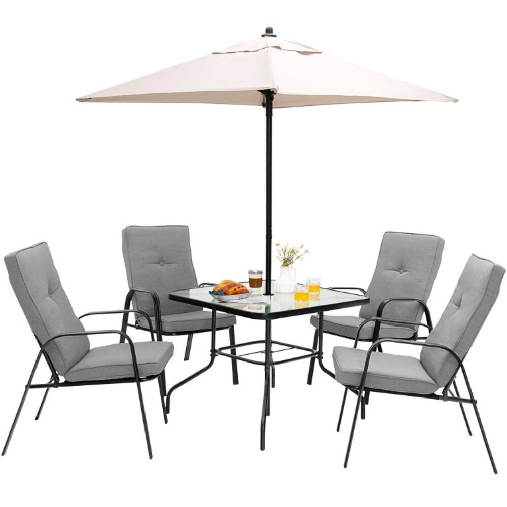 Left. Mondawe - 6 Pieces Patio Dining Set with Umbrella and Stackable Cushioned Chairs - Grey, Black, Beige.