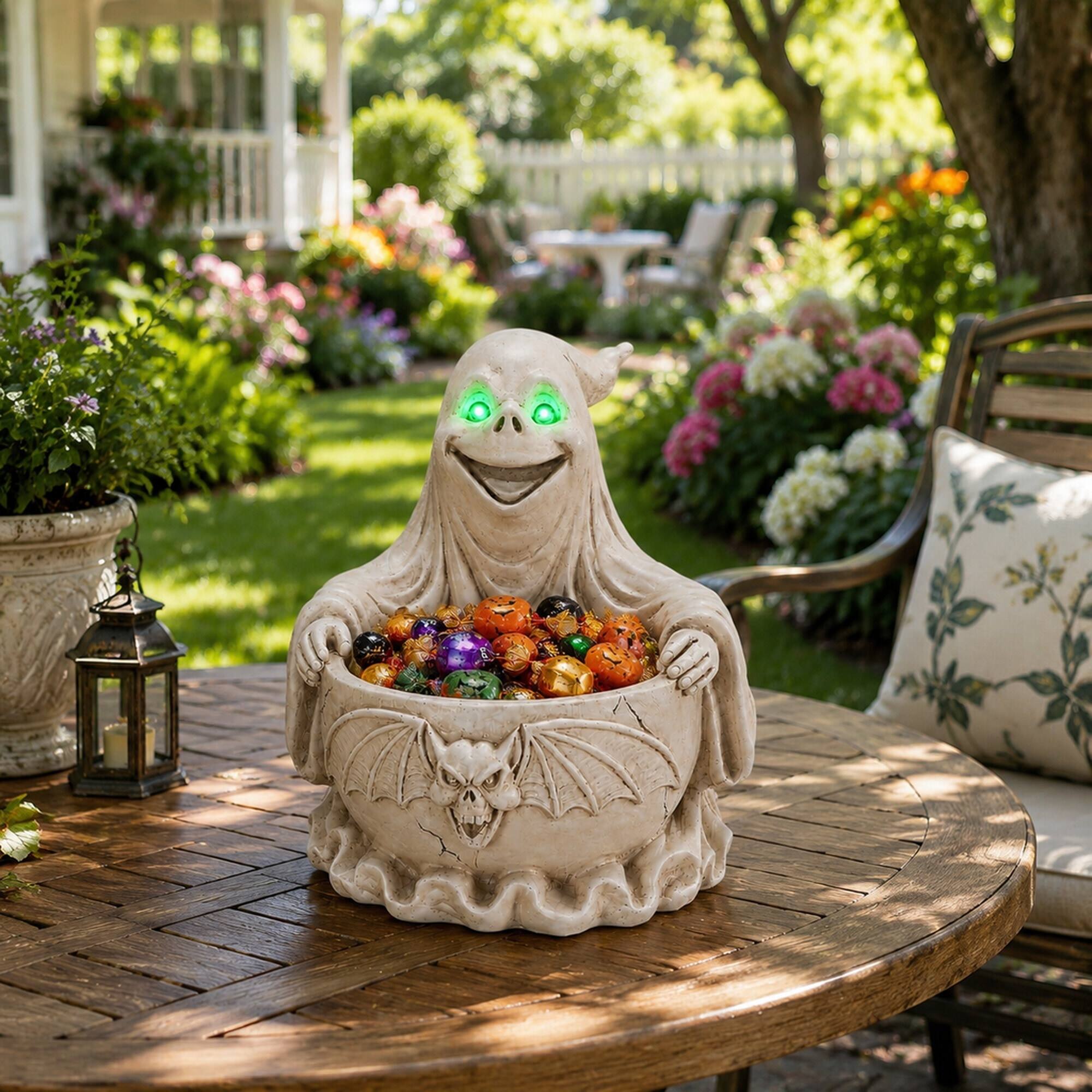 Alt View 2. RYHNUYNE - Halloween Ghost Storage Bowl Figurine with LED Glowing Eyes, Spooky Candy Dish and Bat Decor for Party and Home - White.