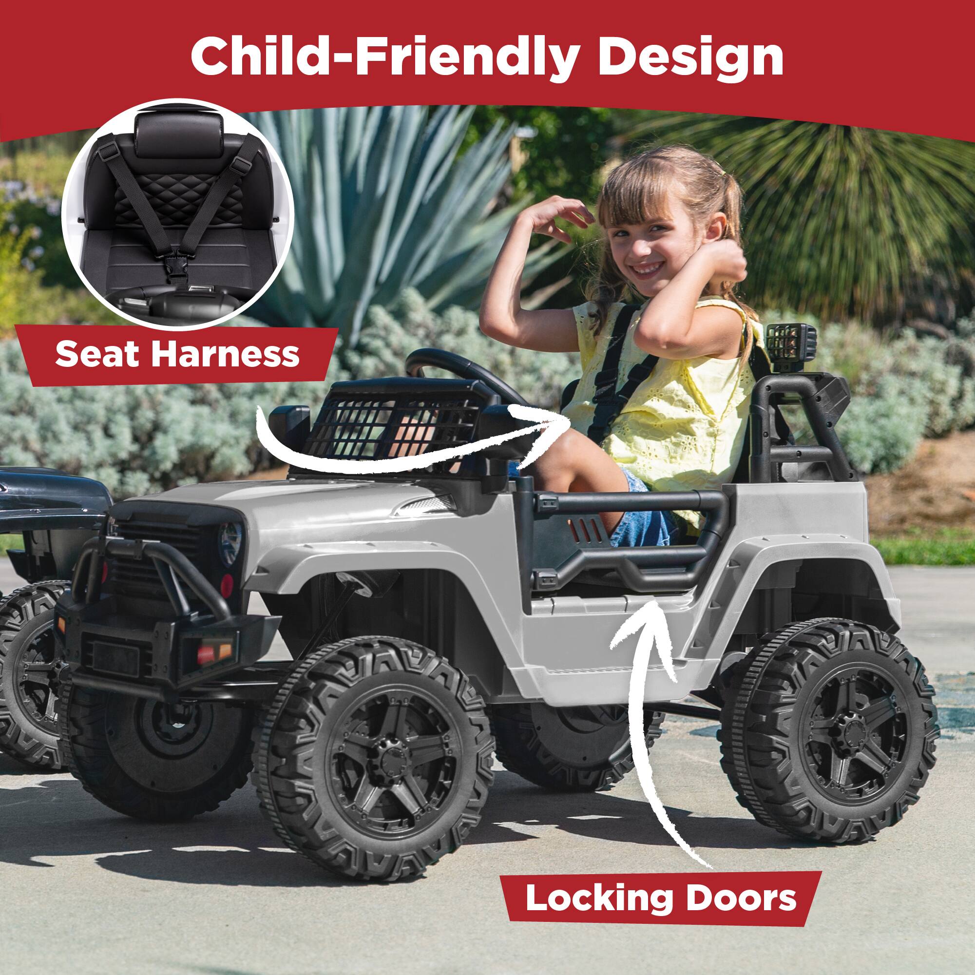 Child-Friendly Design

- Seat Harness
- Locking Doors