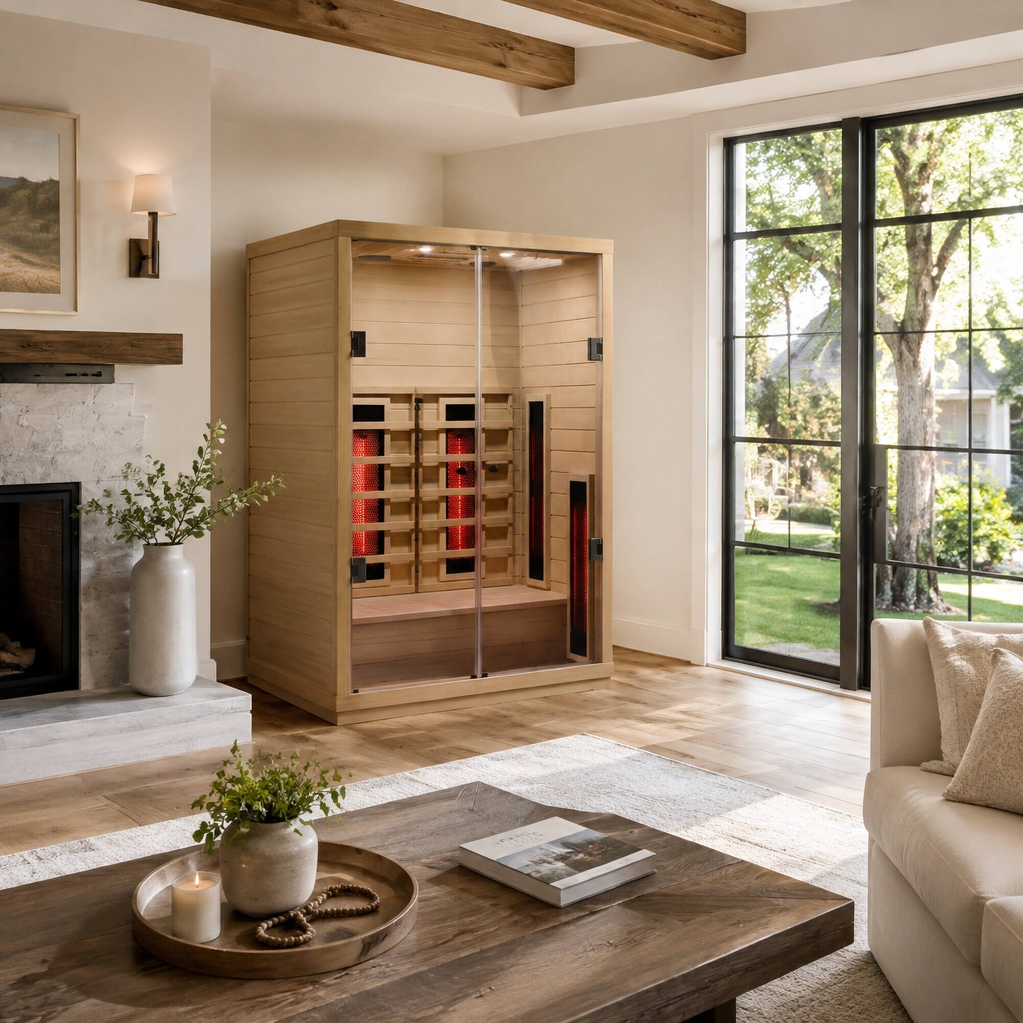 Alt View 1. RYHNUYNE - Two-Person Hemlock Wood Far-Infrared Sauna Room, Clear Wood Grain, Carbon Crystal Heating Panels, Indoor Use - Natural.