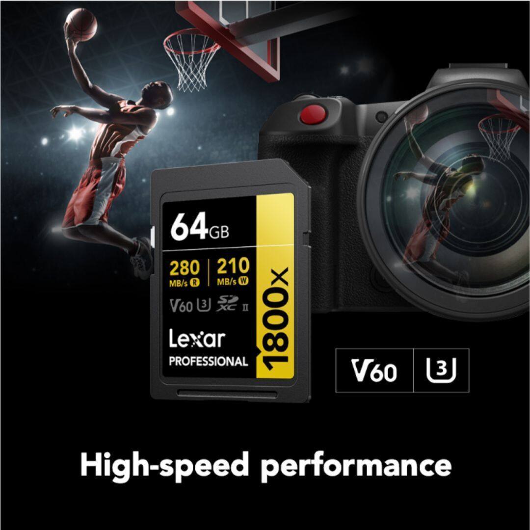 64GB  
280 MB/s R  
210 MB/s W  
V60  
3J  
XC II  
Lexar PROFESSIONAL  
1800x  
High-speed performance