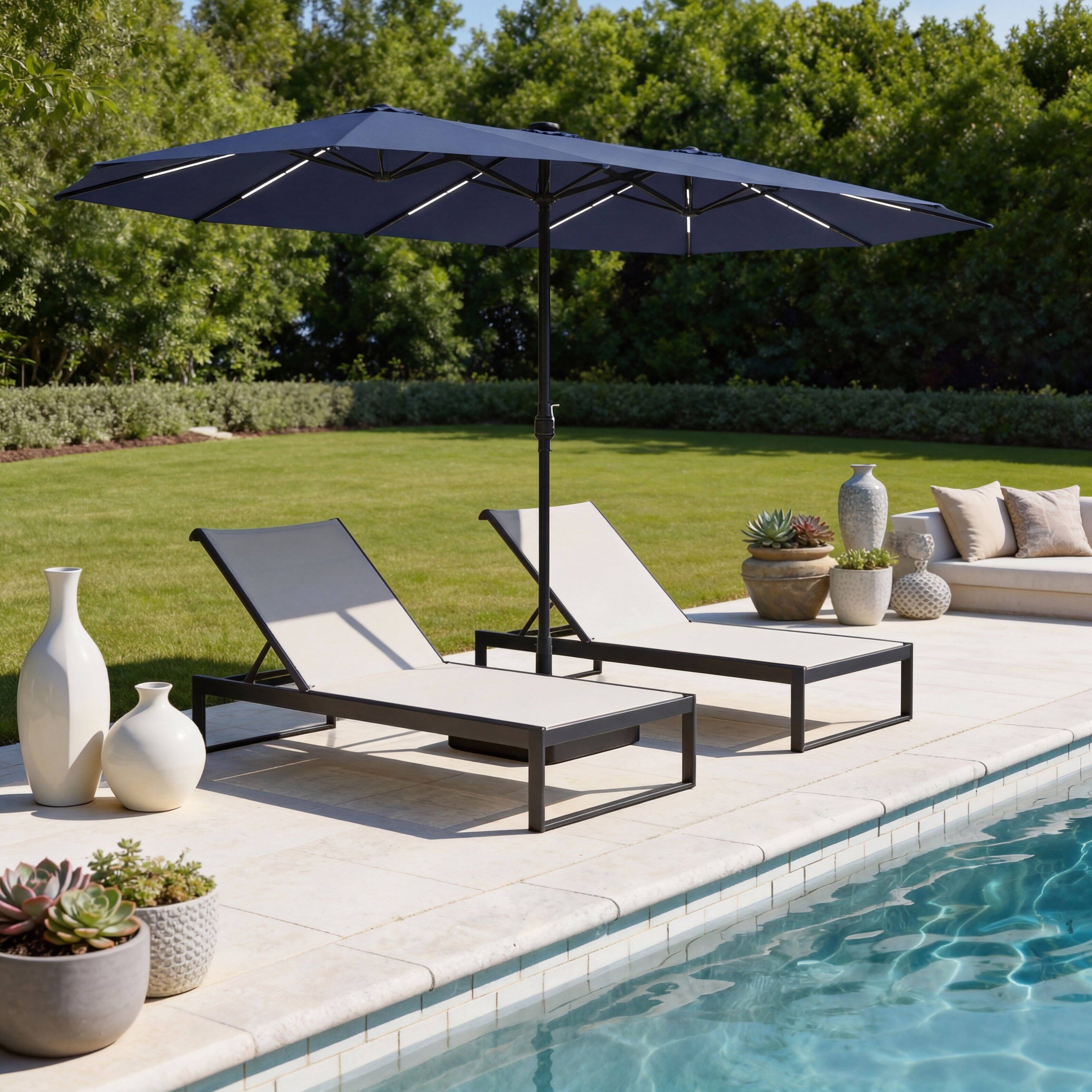 Alt View 1. Famapy - Double Top Patio Umbrella with LED Lights Outdoor Market UmbrellaLarge Twin Canopy Deck Umbrella for Patio Garden - Navy blue.