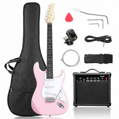Left. Winado - 39 Inch Electric Guitar Solid Body Beginner Kit with Gig Bag Includes Picks, Tremolo Bar, Extra Strings 20W AMP - Pink.