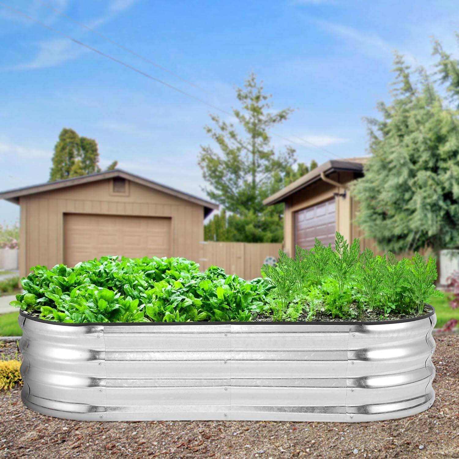 Angle. Acekool - 2-Pack 4.5x2x1ft Oval Galvanized Raised Garden Beds, Silver, Heavy Duty Metal Planters, Tool-Free Assembly - White.