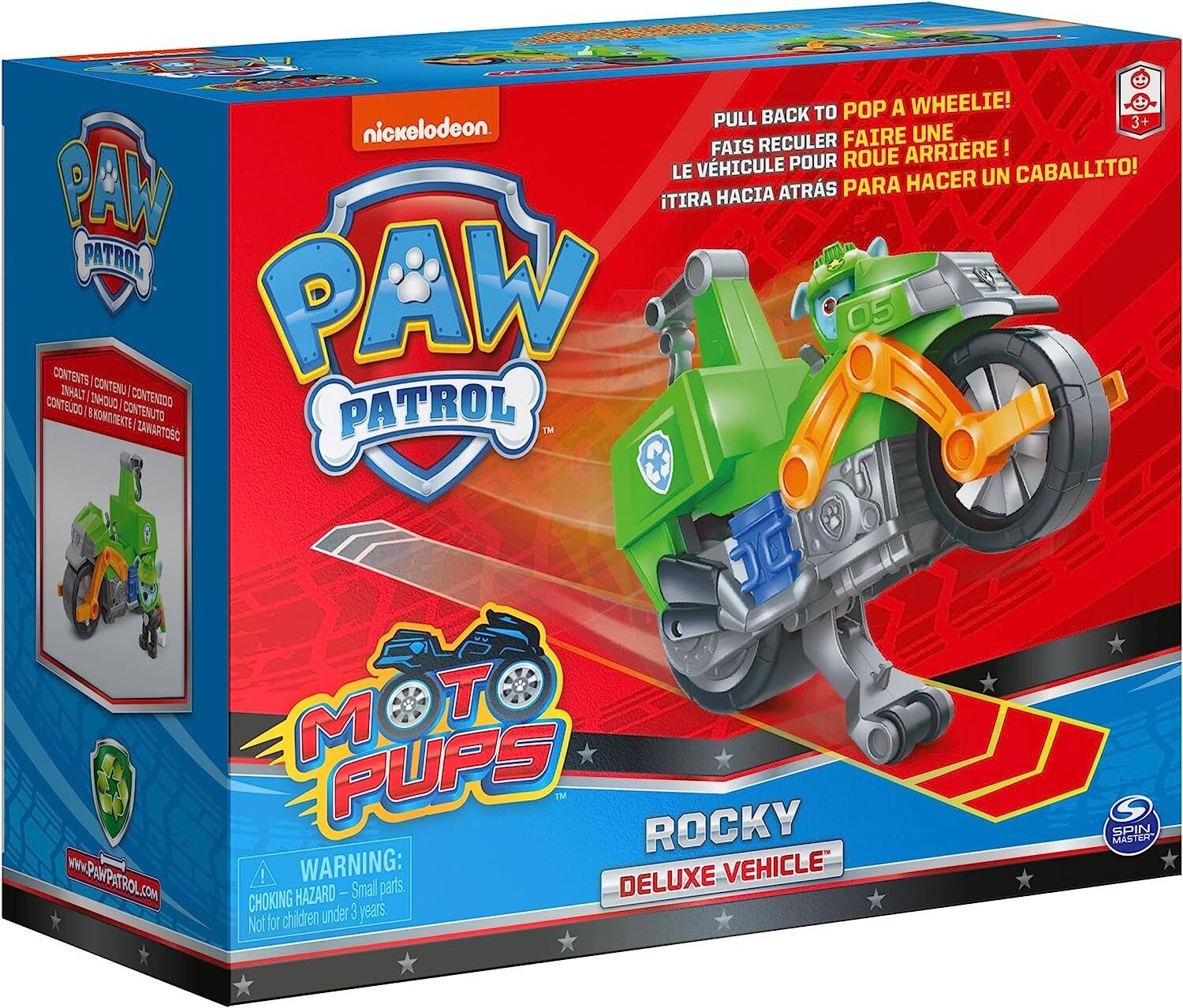BACK TO POP A WHEELIE! PULL 3+ nickelodeon RECULER FAIRE UNE FAIS ARRIRE! VHICULE POUR ROUE LE HACER UN CABALLITO! PAW HACIA ATRS PARA TIRA PATROL CONTENTS PAW 05 I CONTENU INHALT I CONTEUDO INHOUO | CONTENIDO  CONTENUTO ZAWARTOSC PATROL 
www.PAWPATROL.COM
T M PUPS TM ROCKY ! WARNING: DELUXE VEHICLE HAZARD Small parts. CHOKING 3 years. for children under Not