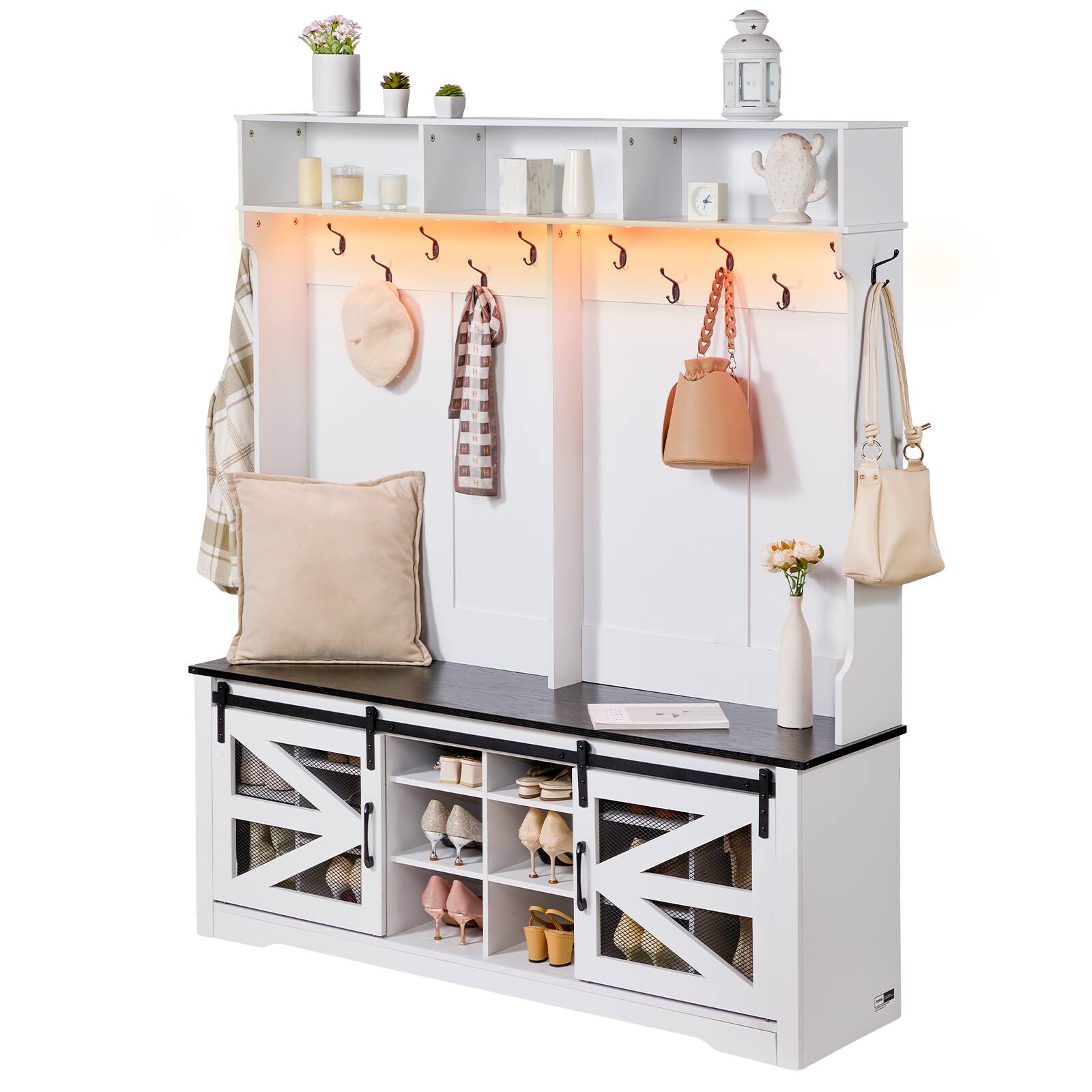 Alt View 5. VEVOR - Hall Tree Entryway Bench, LED Coat Rack with Shoe Storage, 59" Wide Mudroom bench with Storage and Seating - Body: White; Seat Board: Black.