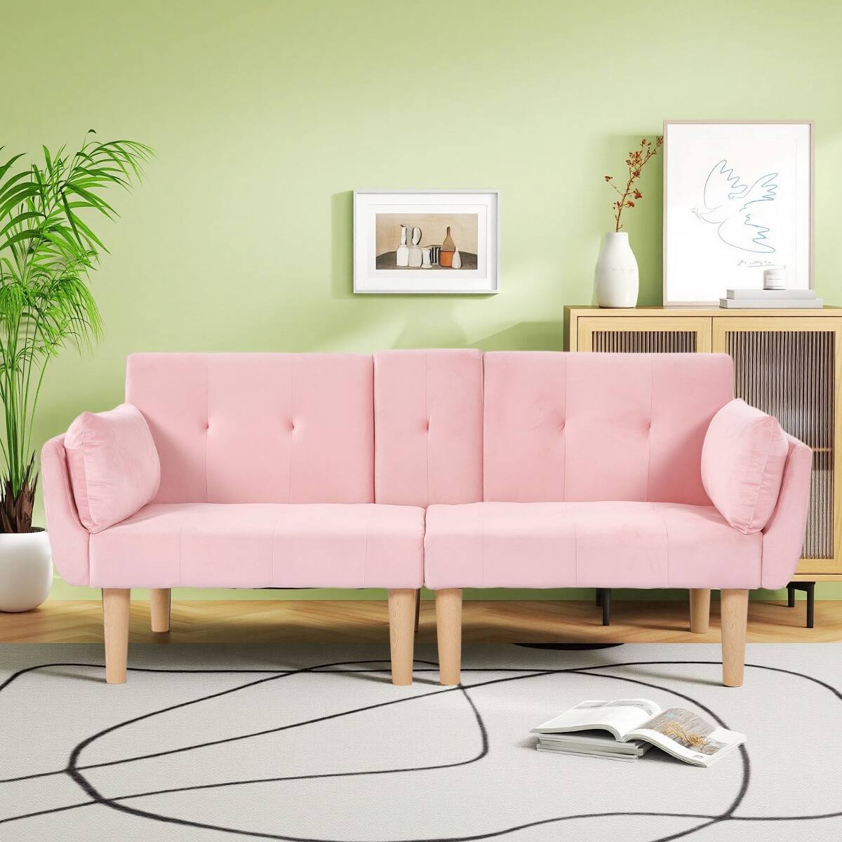 Front. Ropilly - Ropilly Pink Velvet Loveseat Foldable Sofa, 72 Inch Upholstered Couch for Small Living Room Apartment - Pink.