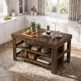 Tribesigns - 55.1-Inch Kitchen Island with Seating Space and 3-Tier Storage for Kitchen or Dining Room - All Brown