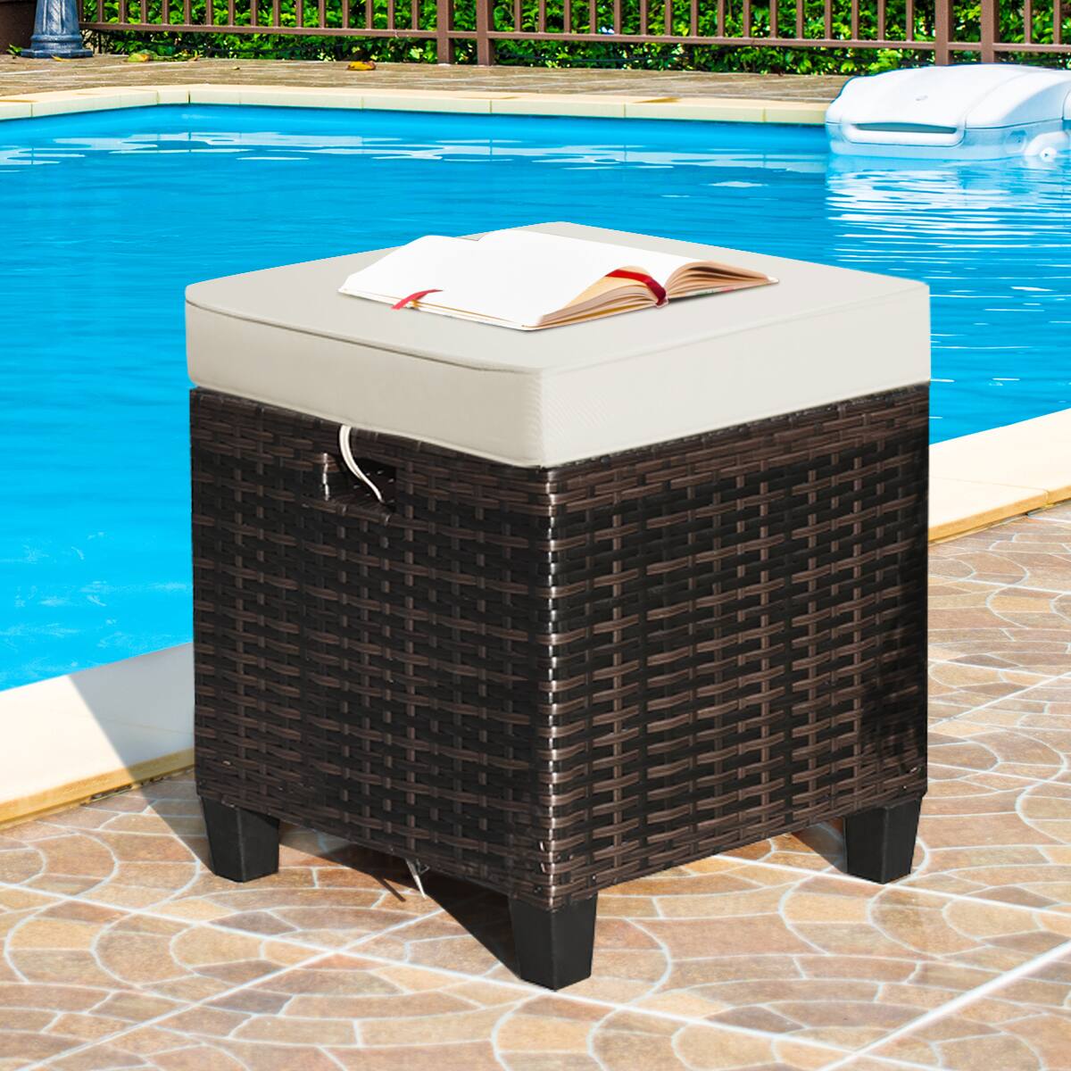 Alt View 4. Costway - 4PCS Patio Rattan Ottoman Cushioned Seat Foot Rest Coffee Table - Brown.