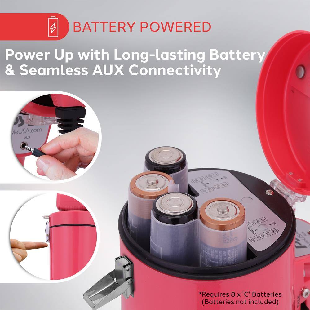 BATTERY POWERED

Power Up with Long-lasting Battery & Seamless AUX Connectivity

*Requires 8 x 'C' Batteries (Batteries not included)