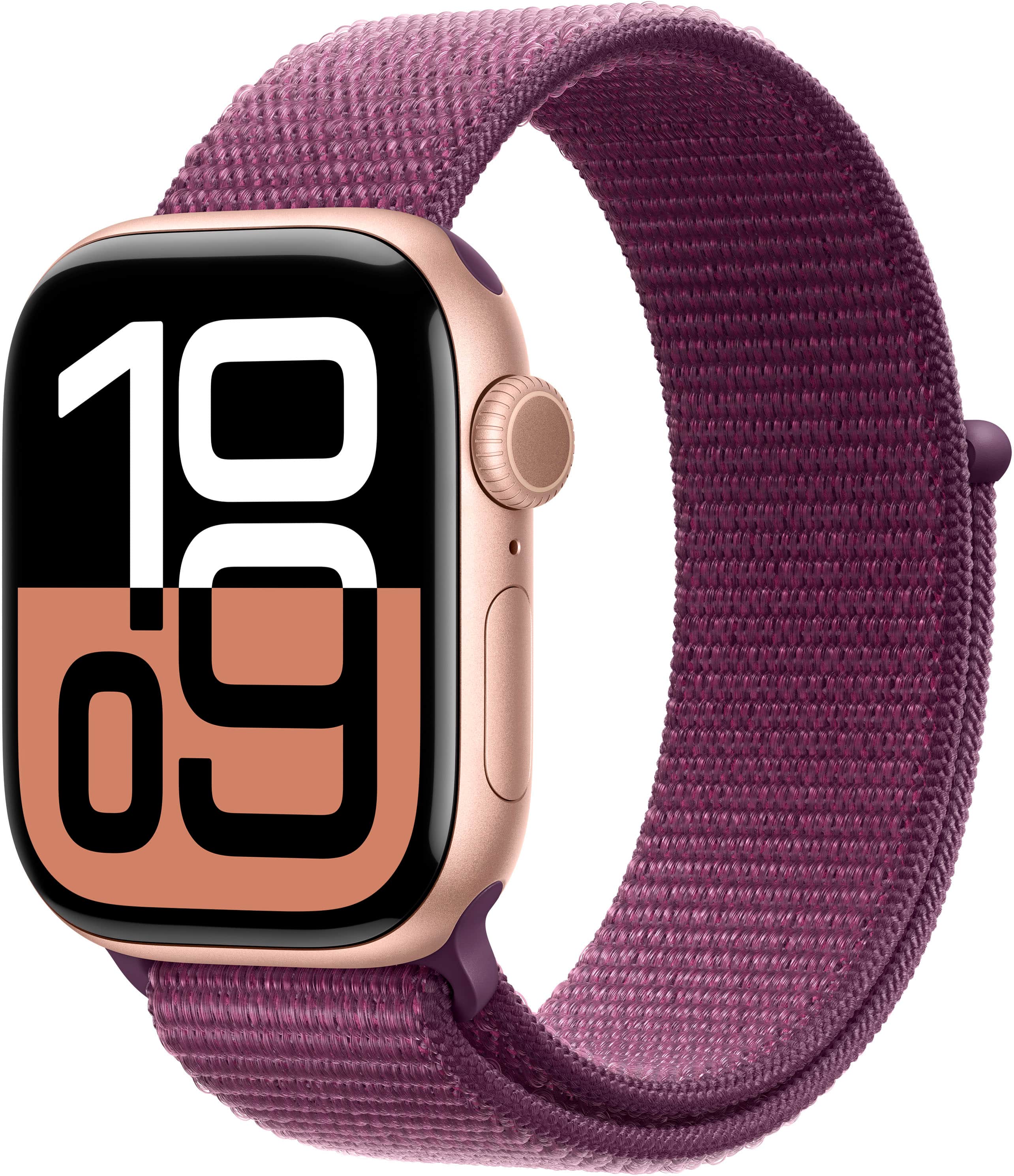 Angle. Apple - Apple Watch Series 10 (GPS+Cellular) 42mm Aluminum Case with Plum Sport Loop - Rose Gold.