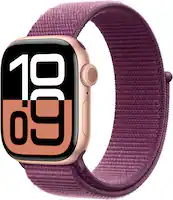 Apple Watch Series 10 (GPS+Cellular) 42mm Aluminum Case with Plum Sport Loop - Rose Gold - Angle_Zoom