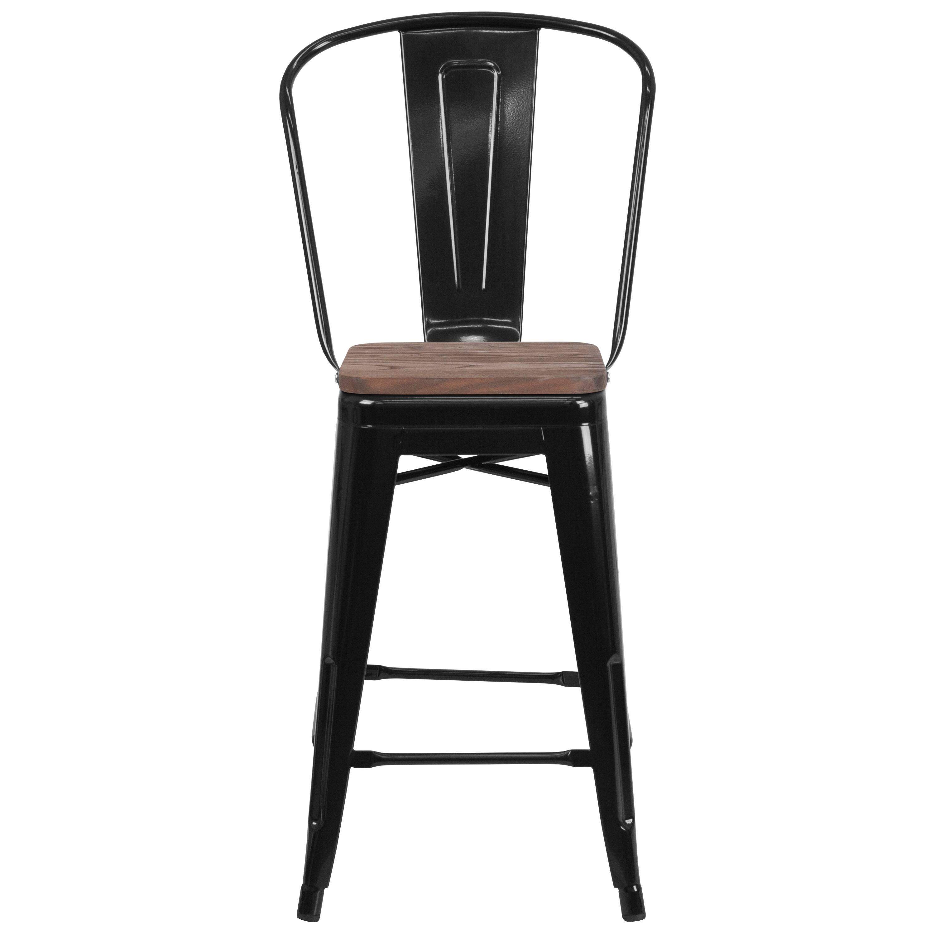 Alt View 7. Emma + Oliver - 24"H Metal Counter Height Stool with Back and Square Wood Seat - Black.