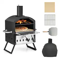 Front. Gymax - Gymax 2-layer Outdoor Wood Fired Pizza Oven w/ Anti-scalding Handles & Waterproof Cover - Black + Silver.