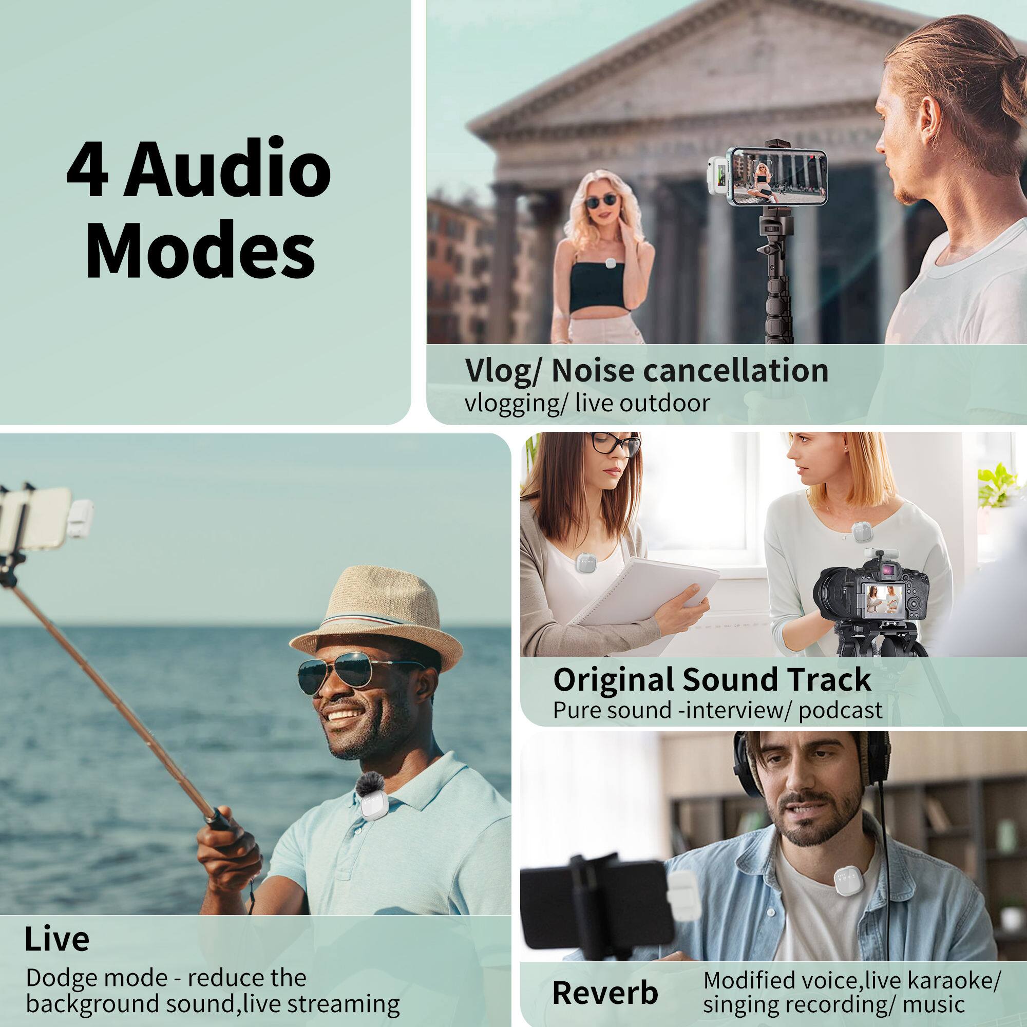4 Audio Modes

Vlog/ Noise cancellation
vlogging/ live outdoor

Original Sound Track
Pure sound - interview/ podcast

Live
Dodge mode - reduce the background sound, live streaming

Reverb
Modified voice, live karaoke/ singing recording/ music