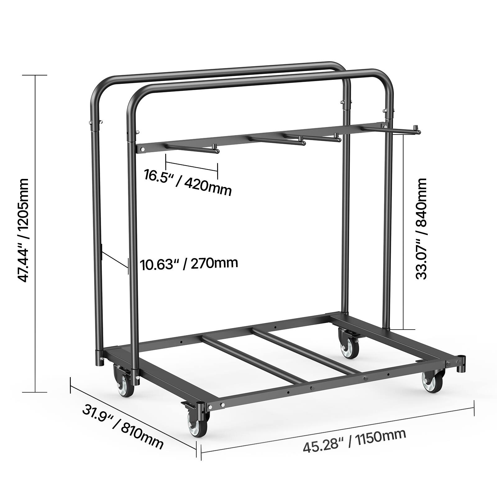 1205mm / 47.44", 16.5" / 420mm, 10.63" / 270mm, 33.07" / 840mm, 31.9" / 810mm, 45.28" / 1150mm