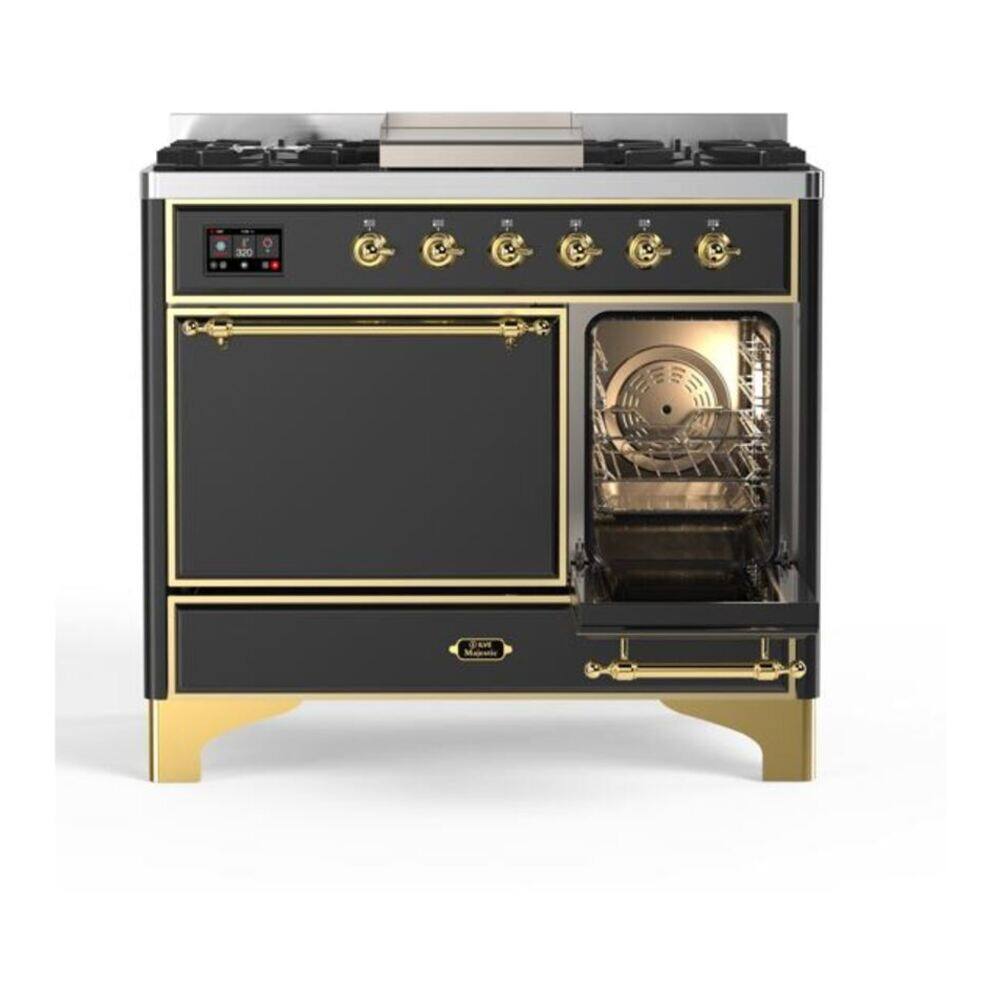 Alt View 4. ILVE - ILVE Majestic II 40 inch Dual Fuel Range with 6 Burners + Griddle (Natural Gas, Graphite Matte, Brass Trim) - Graphite Matte.