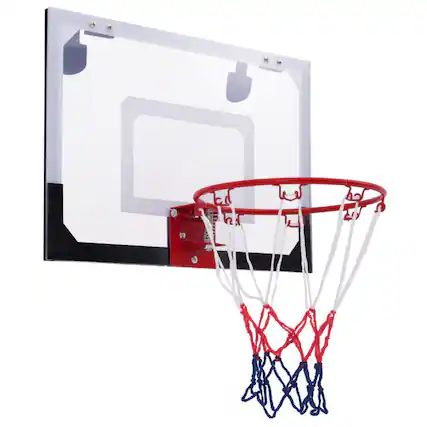 Front. SlickBlue - Indoor Over Door Basketball Hoop Set with Backboard, Ball, and 2 Nets - Red, White, Blue, Black.