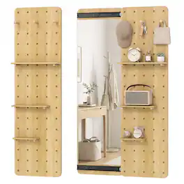 Costway - Solid Wood Full Length Mirror & Pegboard Storage Organizer with Sliding Pegboard - Natural