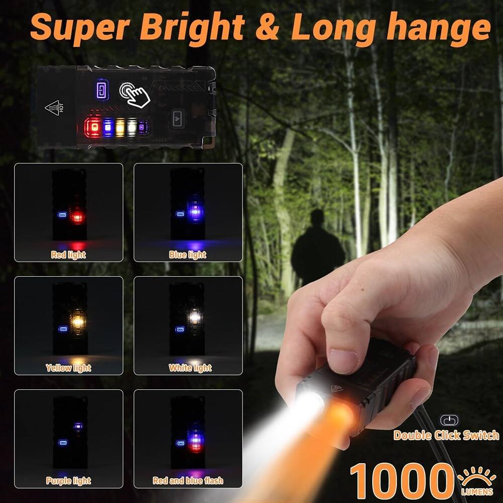 Super Bright & Long Range

- Red light
- Blue light
- Yellow light
- White light
- Purple light
- Red and blue flash

Double Click Switch

1000 LUMENS