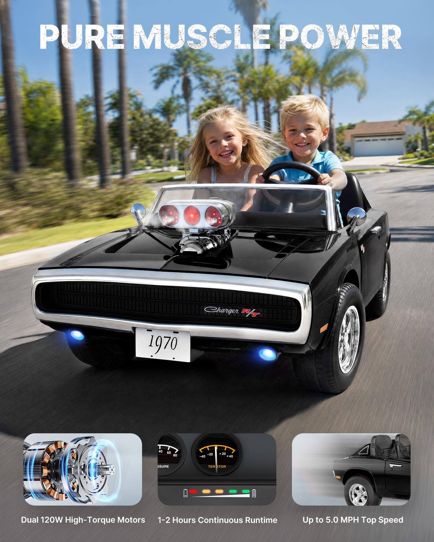 PURE MUSCLE POWER

Charger R/T  
1970

Dual 120W High-Torque Motors  
1-2 Hours Continuous Runtime  
Up to 5.0 MPH Top Speed