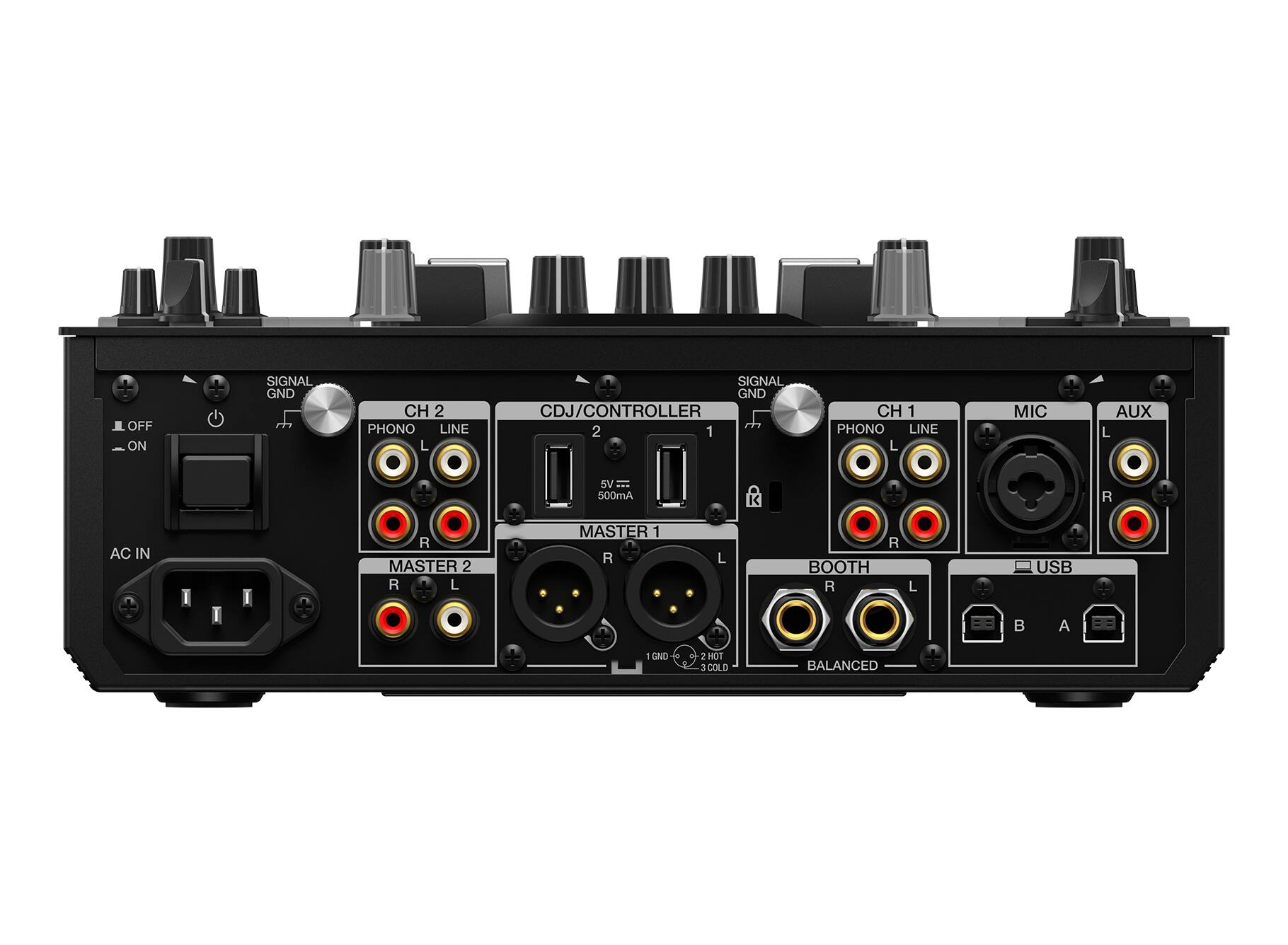 Sure, here is the corrected and grouped text from the image:

- **Power Switch:**
  - OFF
  - ON

- **AC IN:**
  - AC IN

- **Master 2:**
  - R
  - L

- **Master 1:**
  - R
  - L

- **Booth:**
  - R
  - L

- **USB:**
  - USB
  - A
  - B

- **CDJ/Controller 2:**
  - LINE
  - PHONO
  - SIGNAL GND

- **CDJ/Controller 1:**
  - LINE
  - PHONO
  - SIGNAL GND

- **CH 2:**
  - PHONO
  - LINE
  - SIGNAL GND

- **CH 1:**
  - PHONO
  - LINE
  - SIGNAL GND

- **MIC:**
  - L

- **AUX:**
  - L

- **Balanced:**
  - 1 GND
  - 2 HOT
  - 3 COLD

- **5V 500mA:**
  - 5V 5