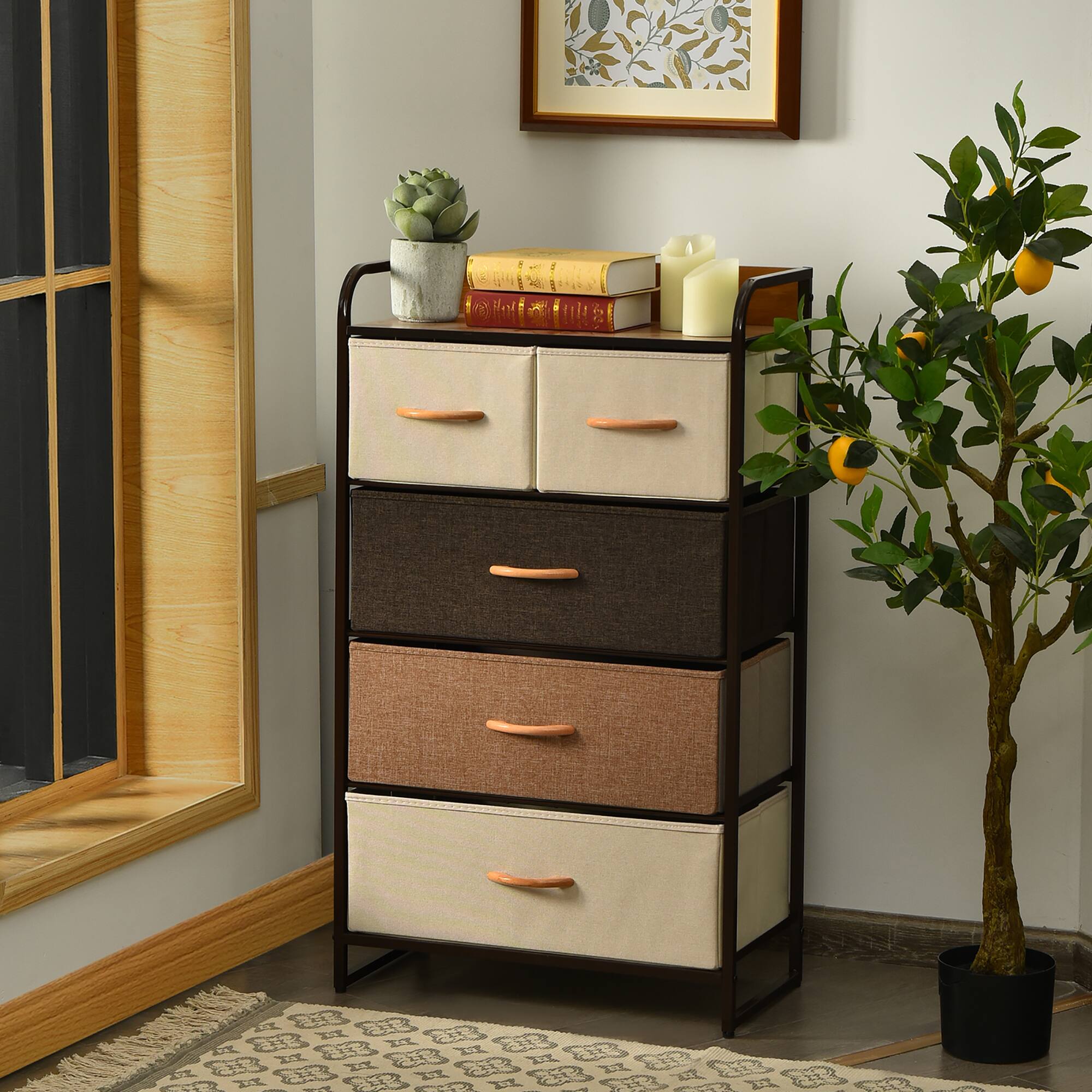 Alt View 3. Costway - Costway 5-Drawer Dresser Storage 4-Tier Organizer Tower Steel Frame Wooden Top Cream - Cream.