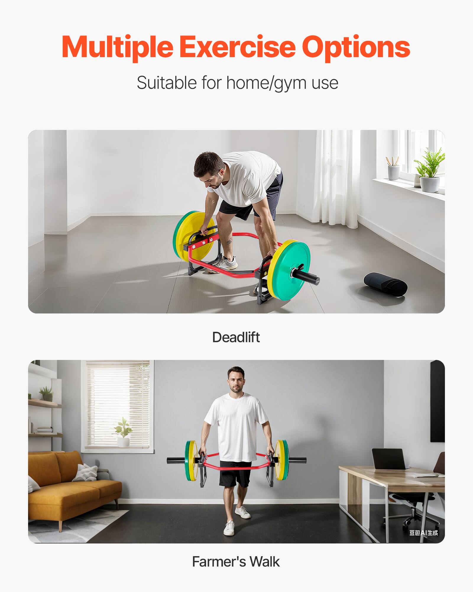 Multiple Exercise Options  
Suitable for home/gym use  

Deadlift  

Farmer's Walk