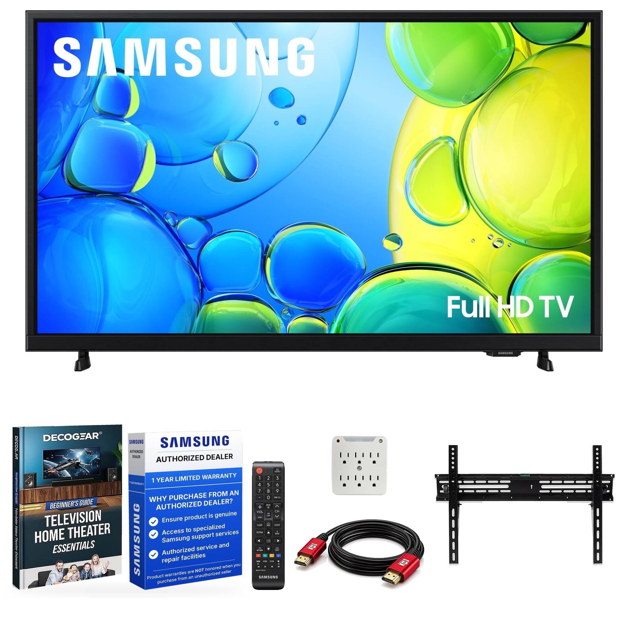 SAMSUNG  
Full HD TV  

DECOGEAR  
SAMSUNG  
SAMSUNG AUTHOR BUR DEALER AUTHORIZED  
1 YEAR LIMITED WARRANTY  

WHY PURCHASE FROM AN AUTHORIZED DEALER?  
- Ensure the product is genuine  
- Access to specialized services and Samsung support  
- Authorized repair facilities  

BEGINNER'S GUIDE  
TELEVISION HOME THEATER ESSENTIALS  

Product warranties are not honored if purchased from an unauthorized seller