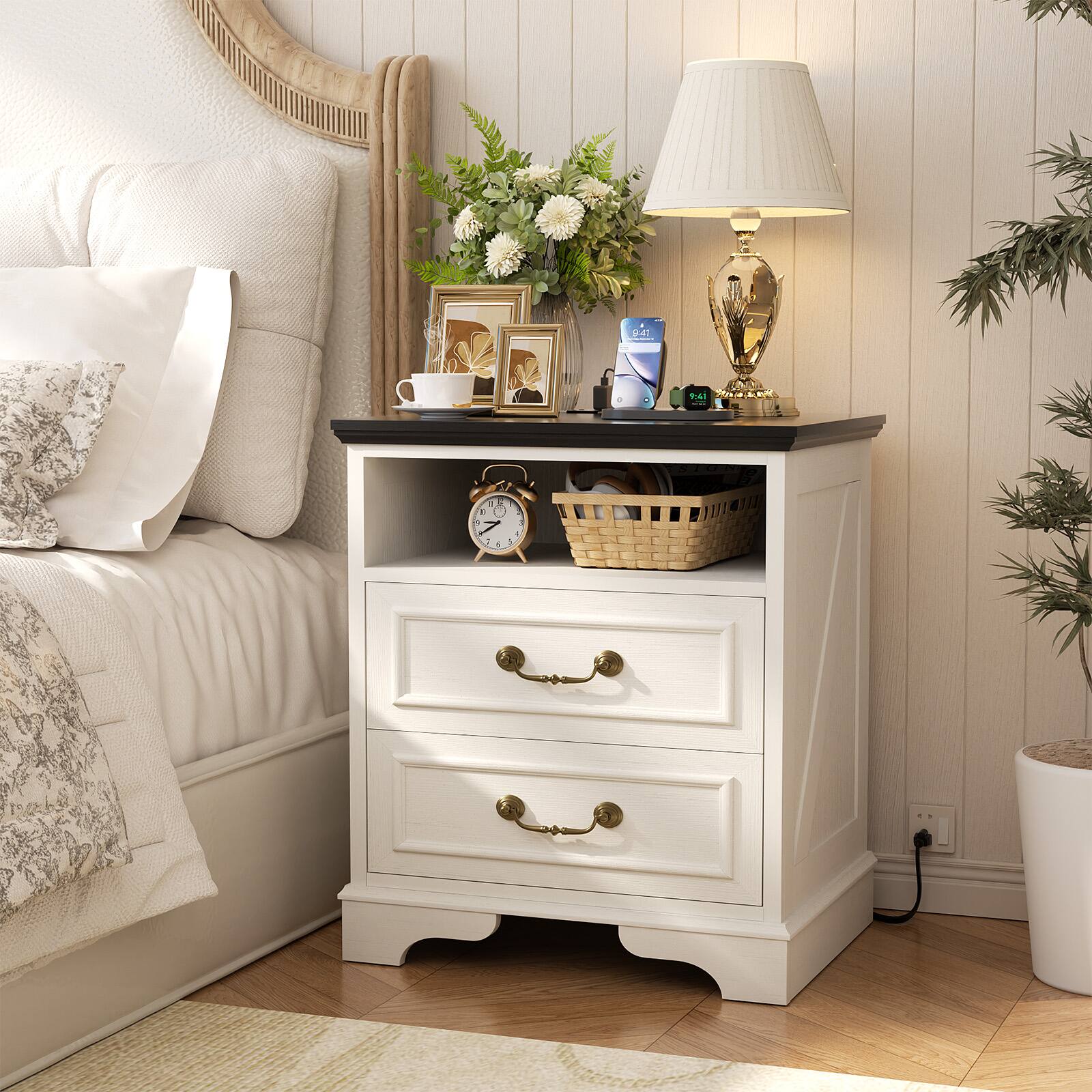 Angle. Aheaplus - Farmhouse Rustic Charging Nightstand: 2 USB Ports, 3 AC Outlets, 2 Drawers + Open Shelf for Bedroom/Living Room - Rustic White.