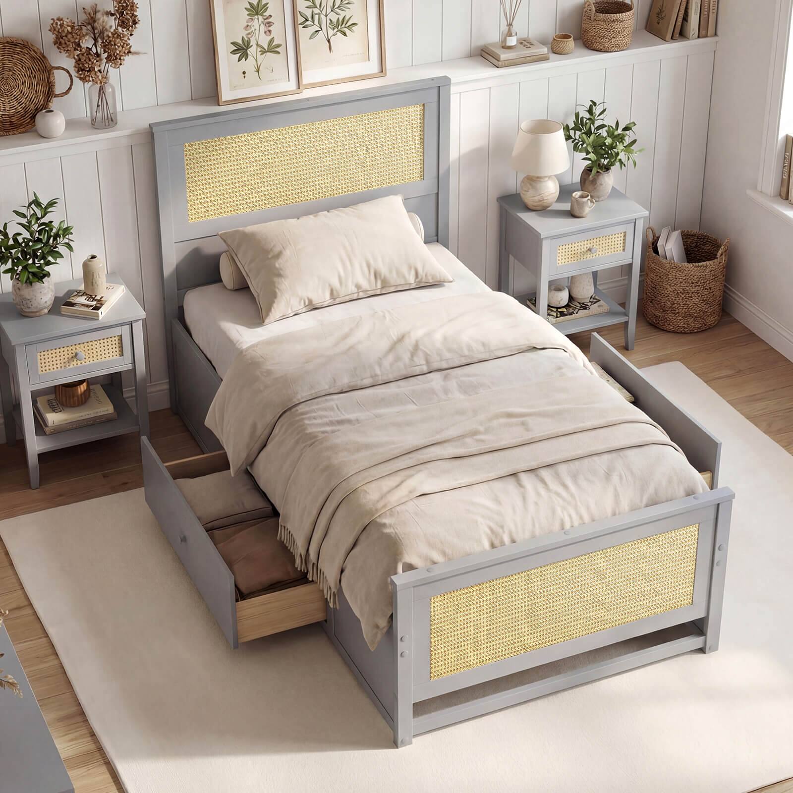 Alt View 1. Costway - Costway Twin Size Rattan Bed Frame with Headboard, 2 Storage Drawers & Space - Gray.