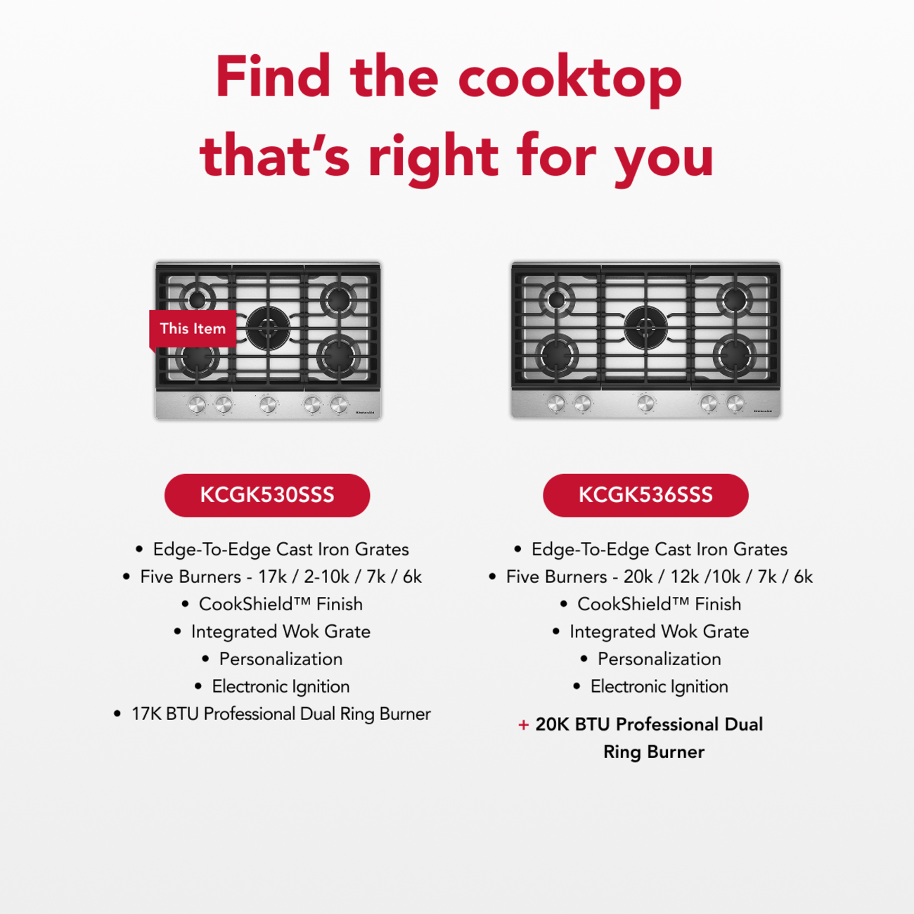 Find the cooktop that's right for you

This Item

KCGK530SSS
- Edge-To-Edge Cast Iron Grates
- Five Burners - 17k / 2-10k / 7k / 6k
- CookShield™ Finish
- Integrated Wok Grate
- Personalization
- Electronic Ignition
- 17K BTU Professional Dual Ring Burner

KCGK536SSS
- Edge-To-Edge Cast Iron Grates
- Five Burners - 20k / 12k / 10k / 7k / 6k
- CookShield™ Finish
- Integrated Wok Grate
- Personalization
- Electronic Ignition
- 20K BTU Professional Dual Ring Burner