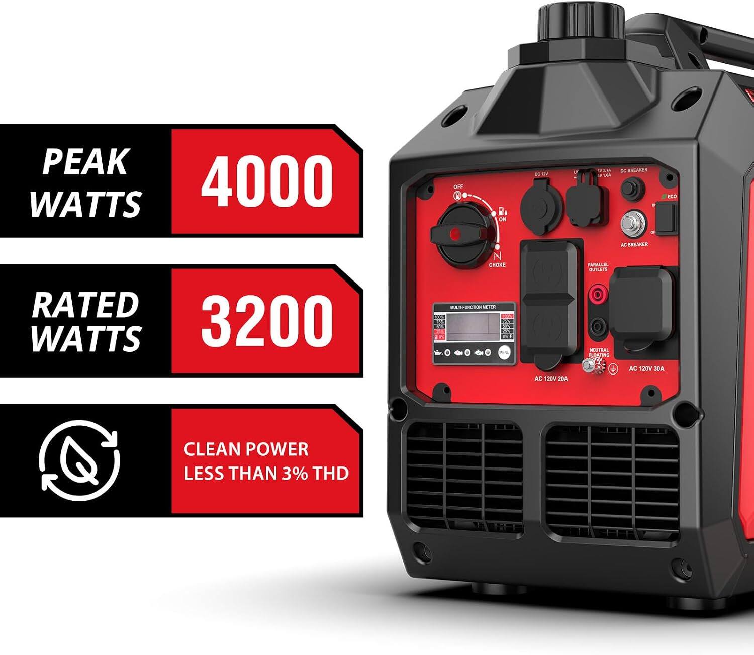 PEAK WATTS 4000  
RATED WATTS 3200  
CLEAN POWER LESS THAN 3% THD