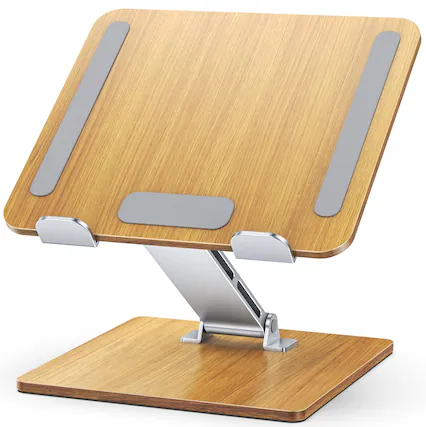 Front. HongFei - Wood + Aluminum Laptop Stand, Adjustable Height Ergonomic Laptop Riser Holder, Portable Notebook Stand for Desk - Walnut Grain.