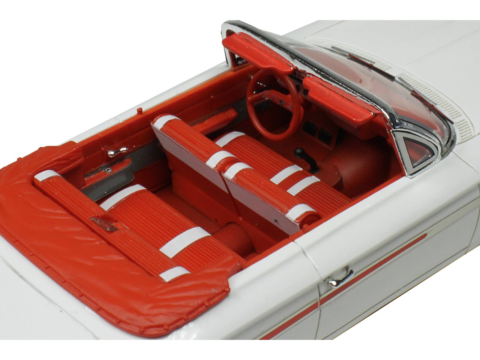 Left. Goldvarg Collection - 1961 Chevrolet Impala Convertible White with Red Interior Limited Edition to 240 pieces Worldwide 1/43 Model Car - White with Red.