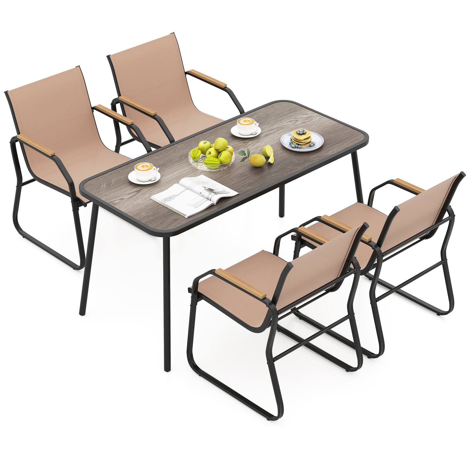 Alt View 9. Gymax - Gymax 5 PCS Patio Dining Set w/ Wood-like Armrests & Metal Frame for Garden Yard - Brown.