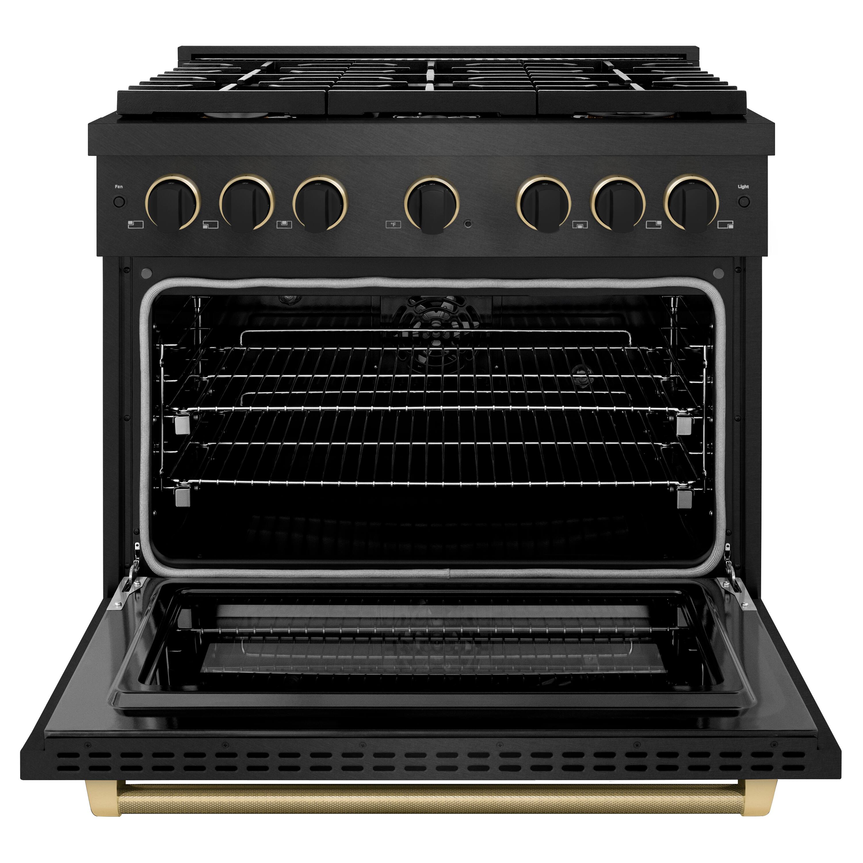 Angle. ZLINE - Designer 36 in. 5.2 cu. ft. Freestanding Paramount Dual Fuel Range in Black Satin Steel with Black and Bronze Accents - Black Satin Stainless Steel.