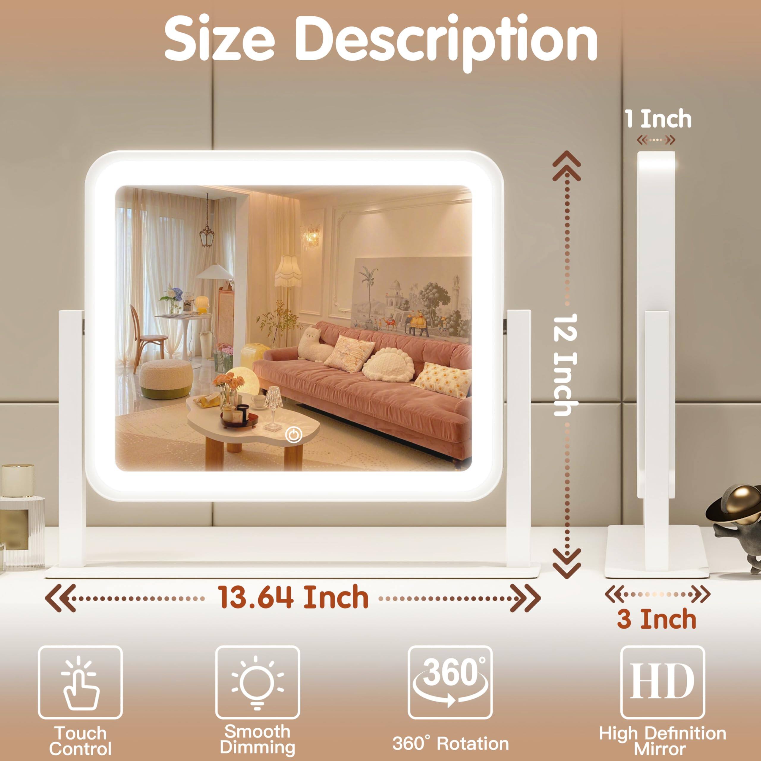 Size Description

- 1 Inch
- 12 Inch
- 13.64 Inch
- 3 Inch

Features:
- Touch Control
- Smooth Dimming
- 360° Rotation
- HD High Definition Mirror